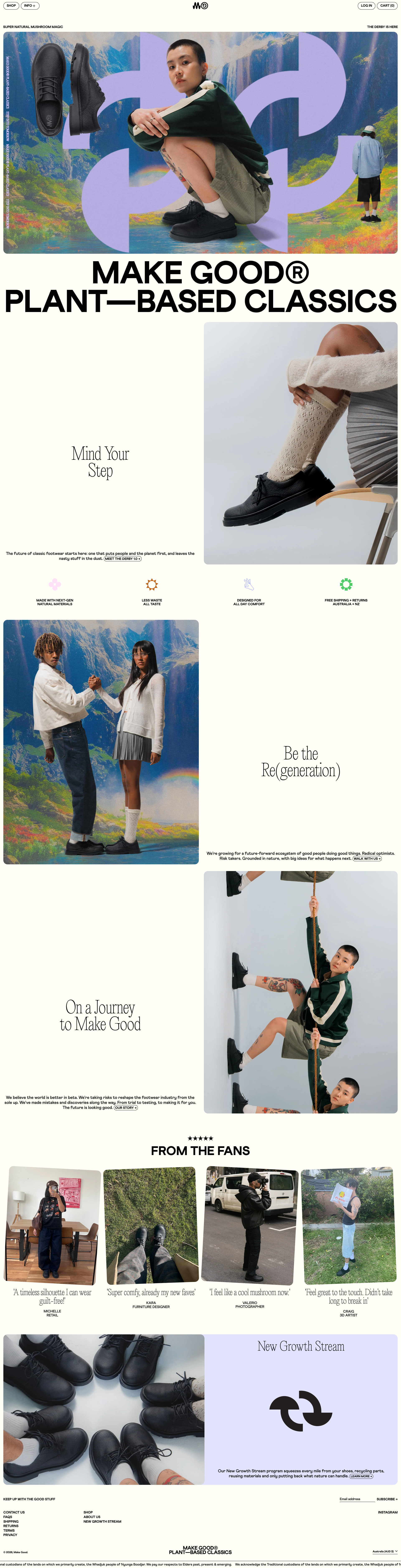 Make Good Landing Page Example: Step into the future of footwear. Podiatrist-designed everyday classic shoes, made from bio-friendly materials. Meet The Derby.
