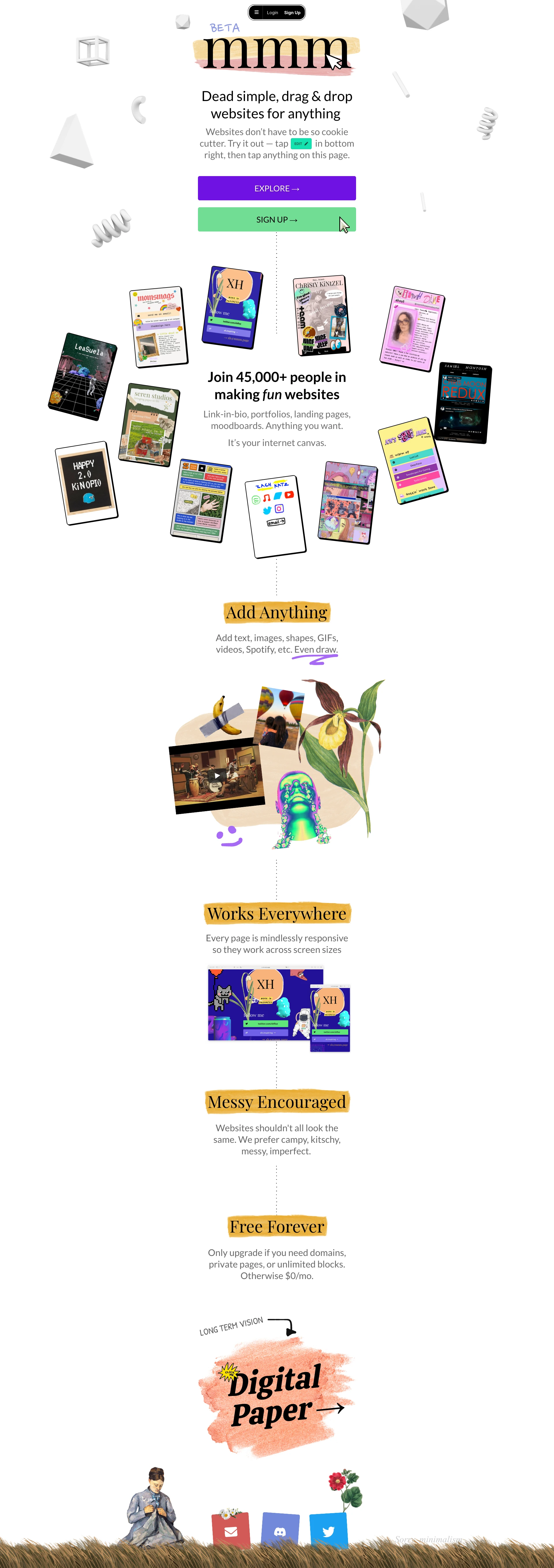 mmm.page Landing Page Example: Websites don't have to be so cookie cutter. Make a website that feels uniquely you in under five minutes.