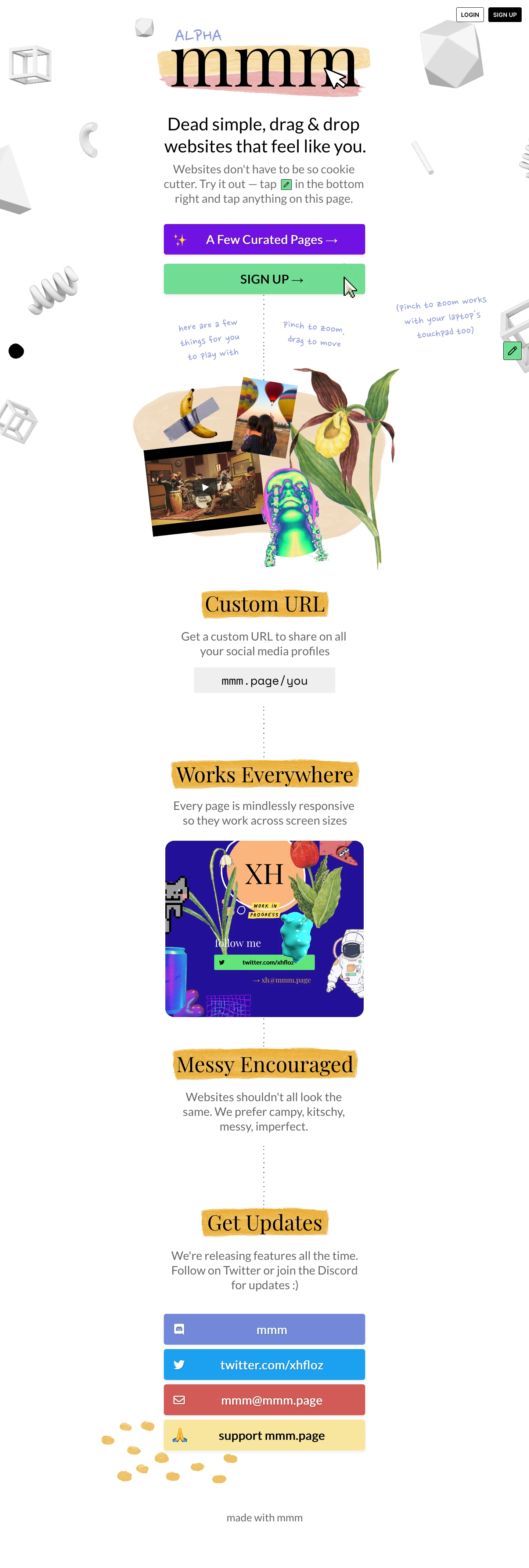 mmm.page Landing Page Example: Websites don't have to be so cookie cutter. Make a website that feels uniquely you in under five minutes.