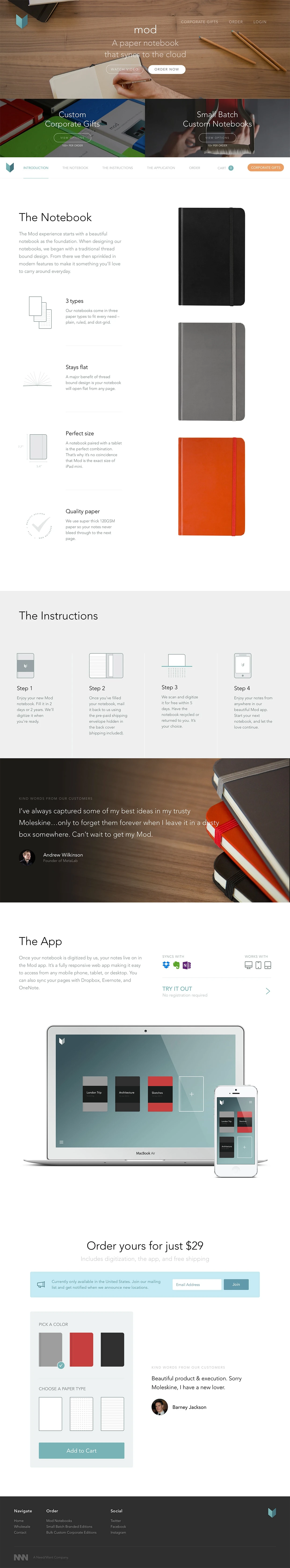 Mod Notebooks Landing Page Example: A paper notebook that syncs to the cloud