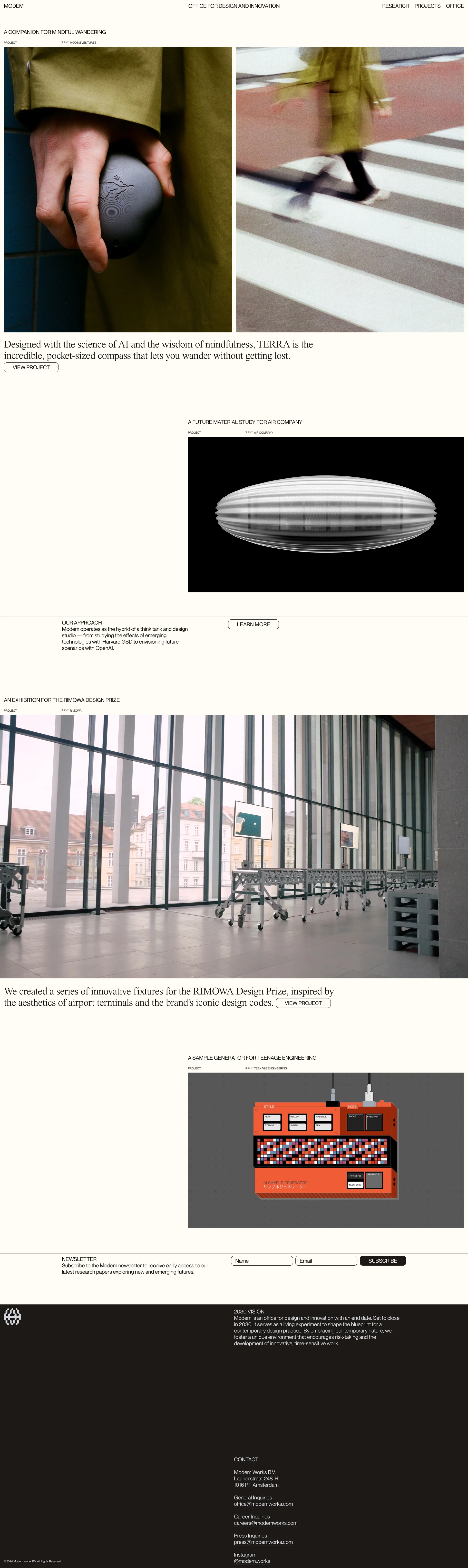 Modem Landing Page Example: Working as a hybrid between a think tank and design studio, Modem turns disruptive technologies into opportunities for growth.