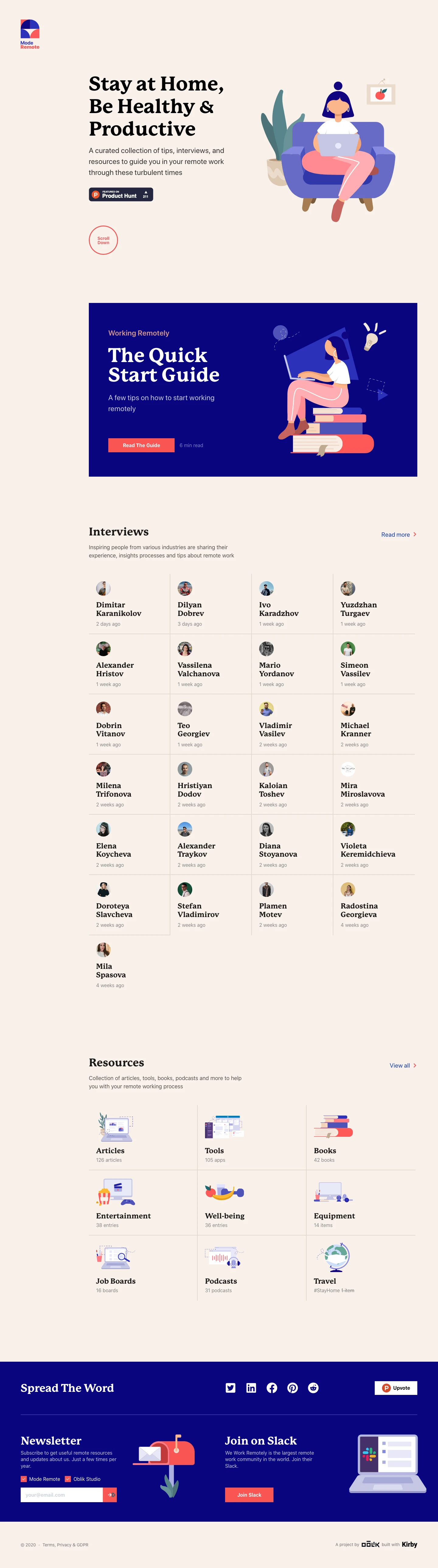 Mode Remote Landing Page Example: A curated collection of tips, interviews, and resources to guide you in your remote work through these turbulent times.