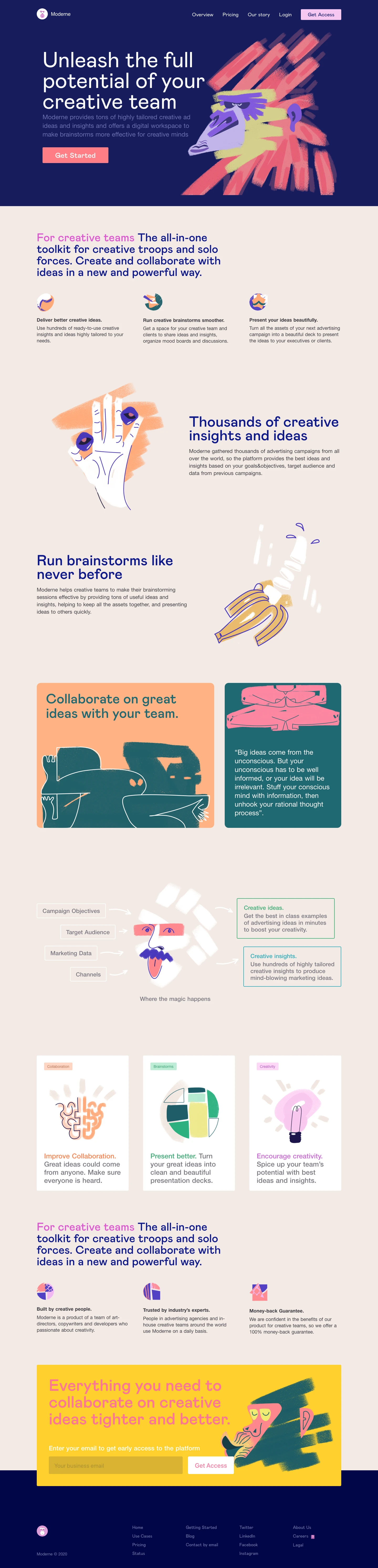 Moderne Landing Page Example: Moderne provides tons of highly tailored creative ad ideas and insights and offers a digital workspace to make brainstorms more effective for creative minds.