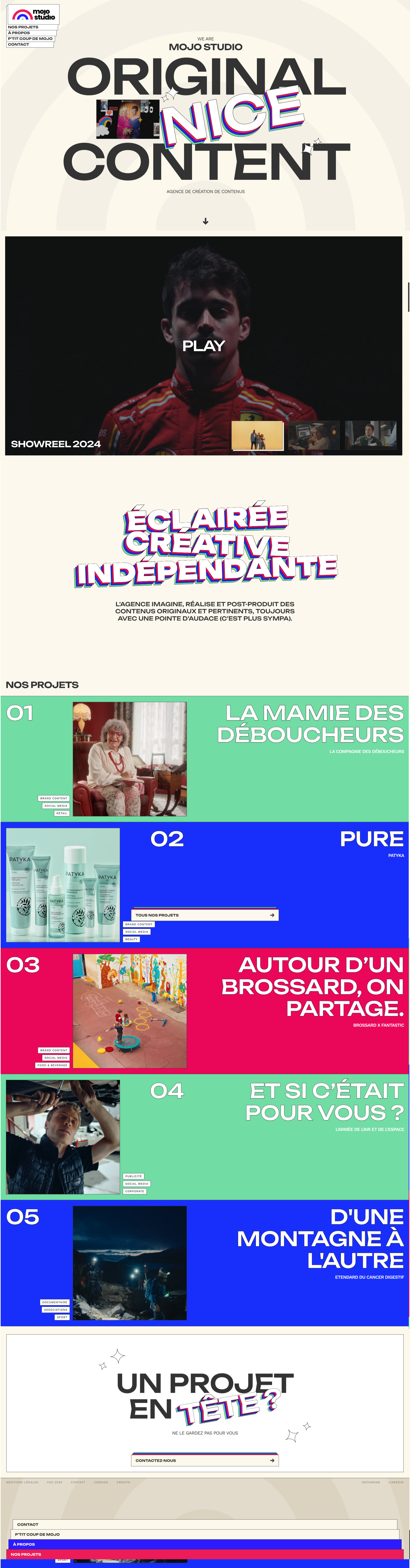 Mojo Studio Landing Page Example: The agency imagines, creates and post-produces original and relevant content, always with a touch of audacity (it's more fun).