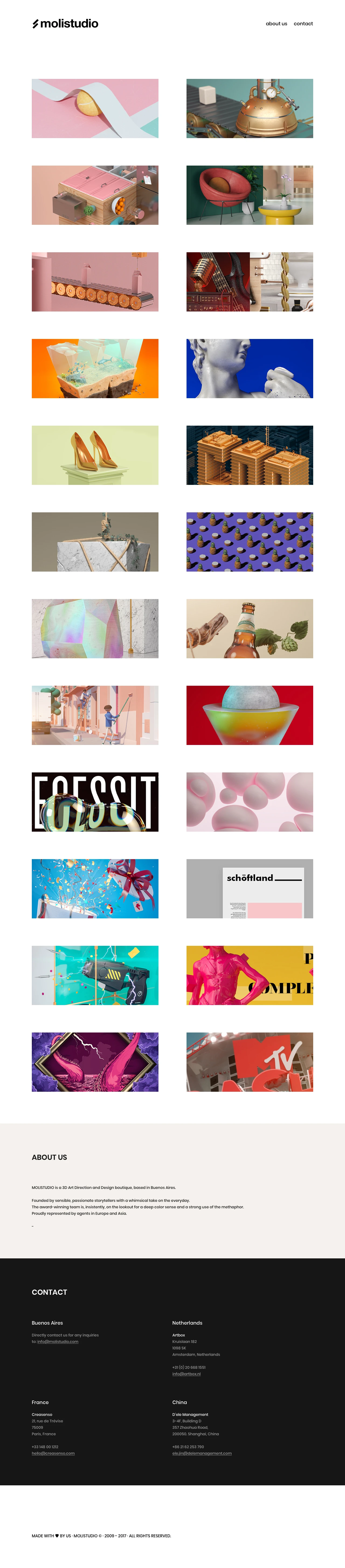 molistudio Landing Page Example: We're MOLISTUDIO, a team of visual creatives sharing our passion for art direction and design. We love doing motion graphics, interactive experiences and imagery. We're enthusiastic, full of energy and ideas, ready to get involved in high quality tailored projects.