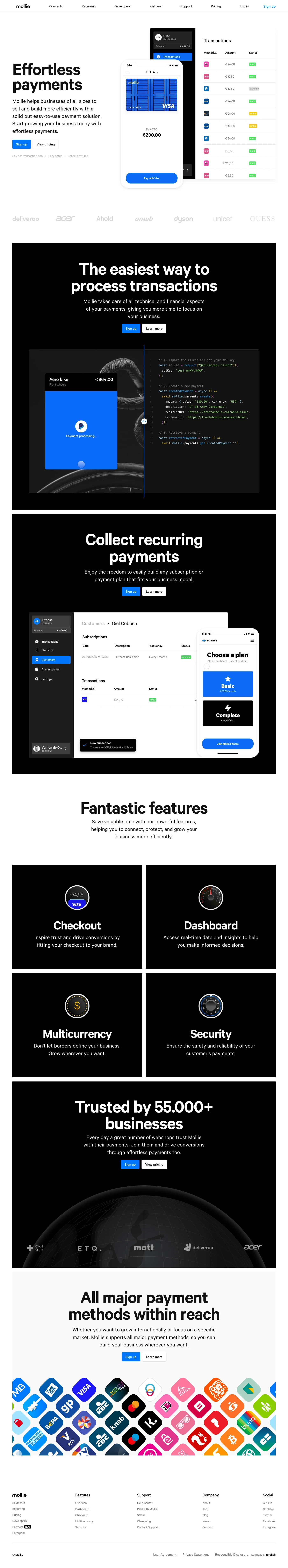 Mollie Landing Page Example: Mollie helps businesses of all sizes to sell and build more efficiently with a solid but easy-to-use payment solution.