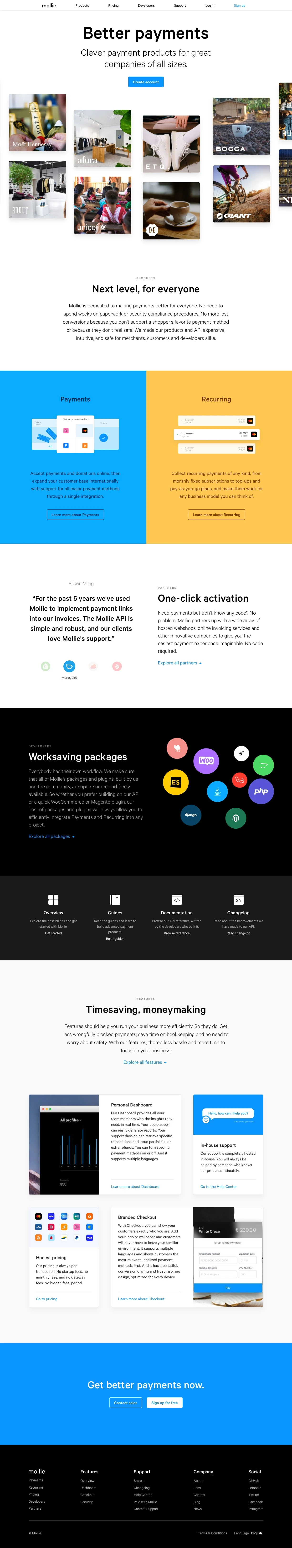 Mollie Landing Page Example: Clever payment products for great companies of all sizes.