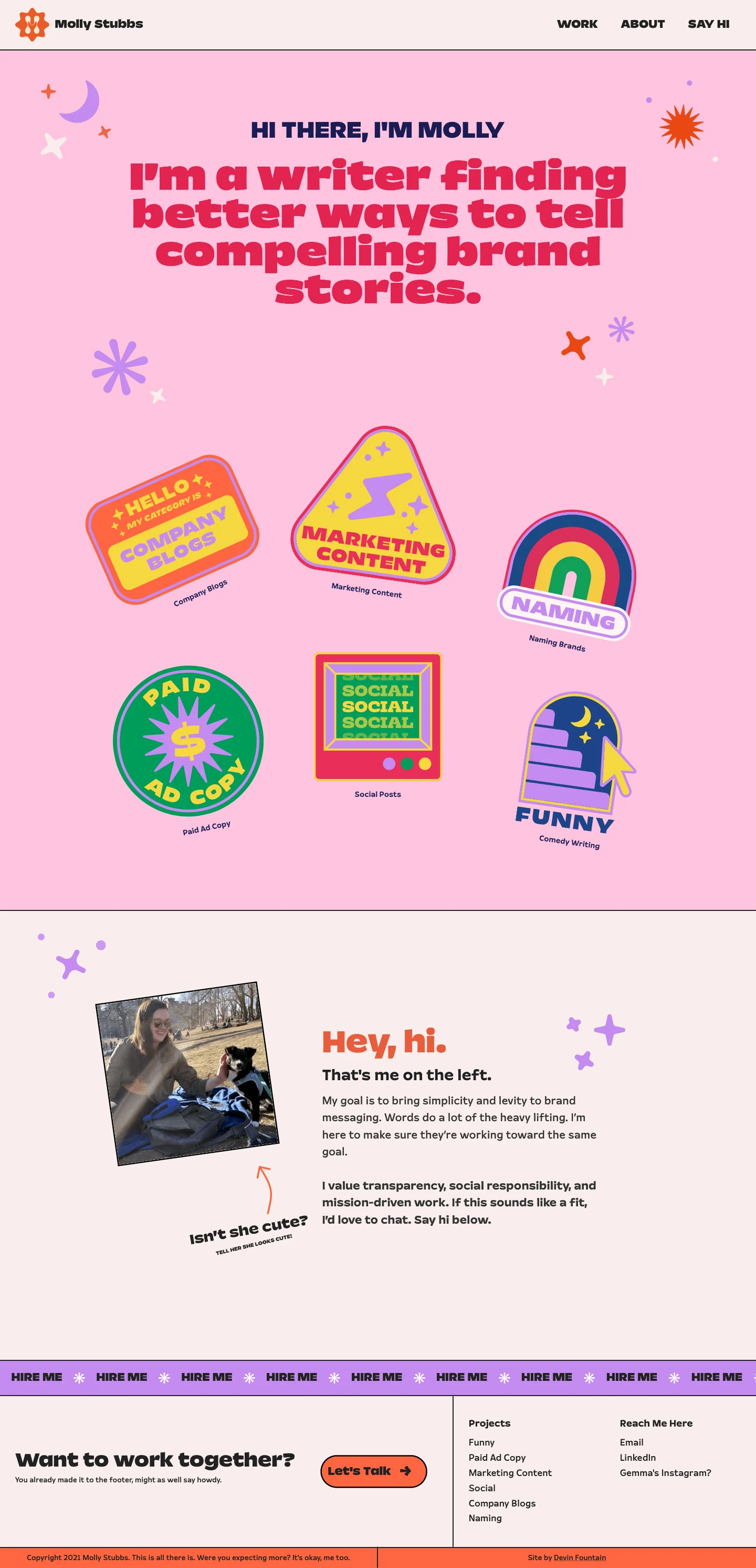 Molly Stubbs Landing Page Example: Molly Stubbs is a Senior Marketing Writer. This portfolio features selected works from ad copy, naming, marketing collateral, social media, blog, and sketch comedy projects. Hire her!