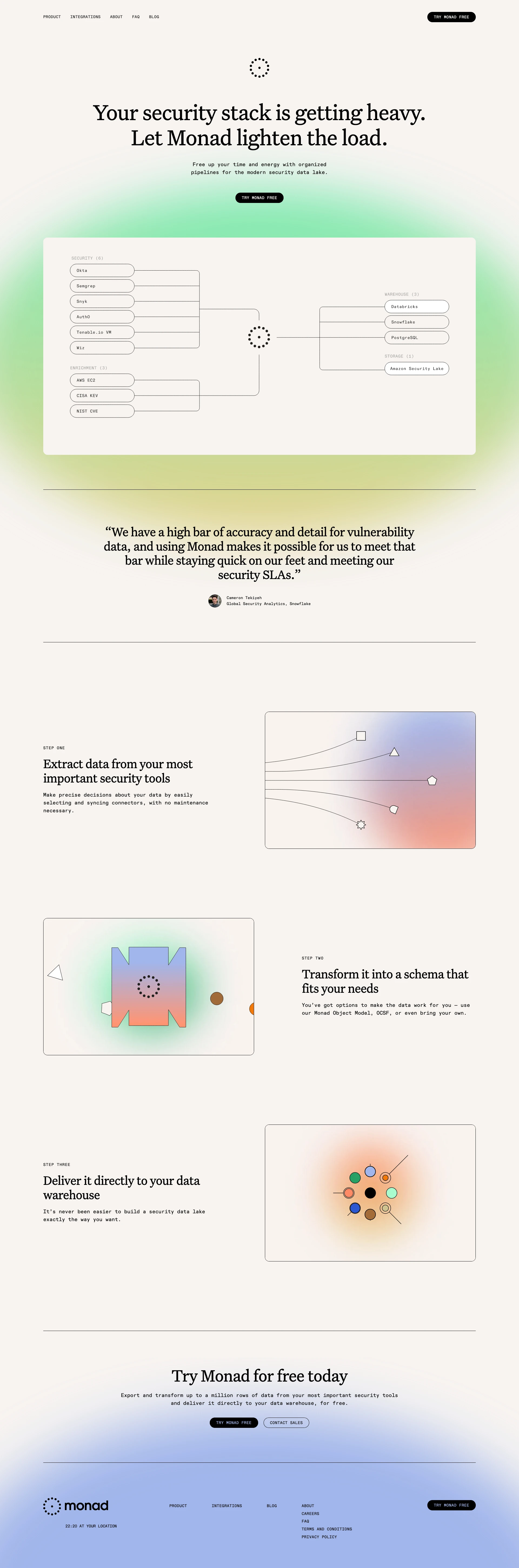 Monad Landing Page Example: Your security stack is getting heavy. Let Monad lighten the load. Free up your time and energy with organized pipelines for the modern security data lake.
