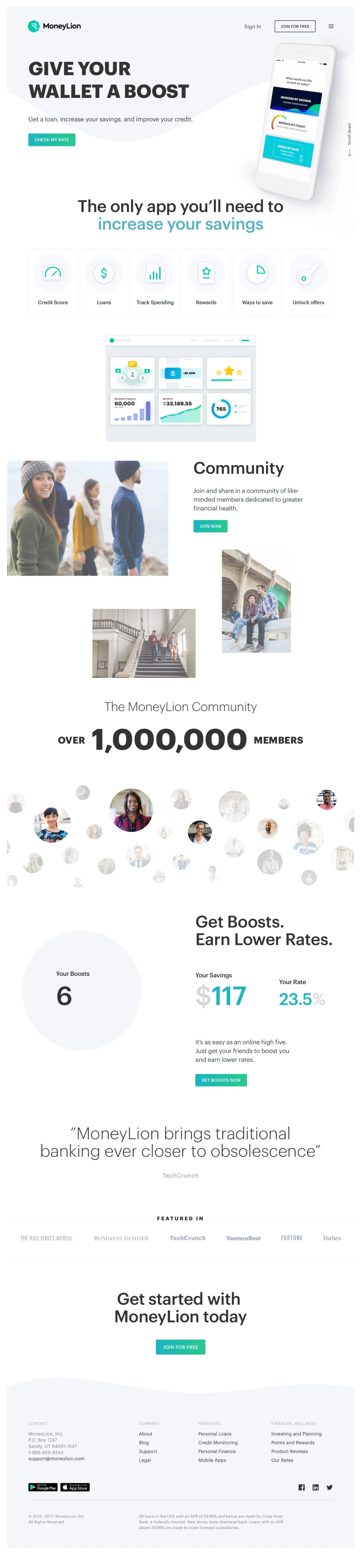 MoneyLion Landing Page Example: Get smart about your finances. Our personal loans and easy to use tools help you manage your spending, savings and credit so you can achieve financial wellness.