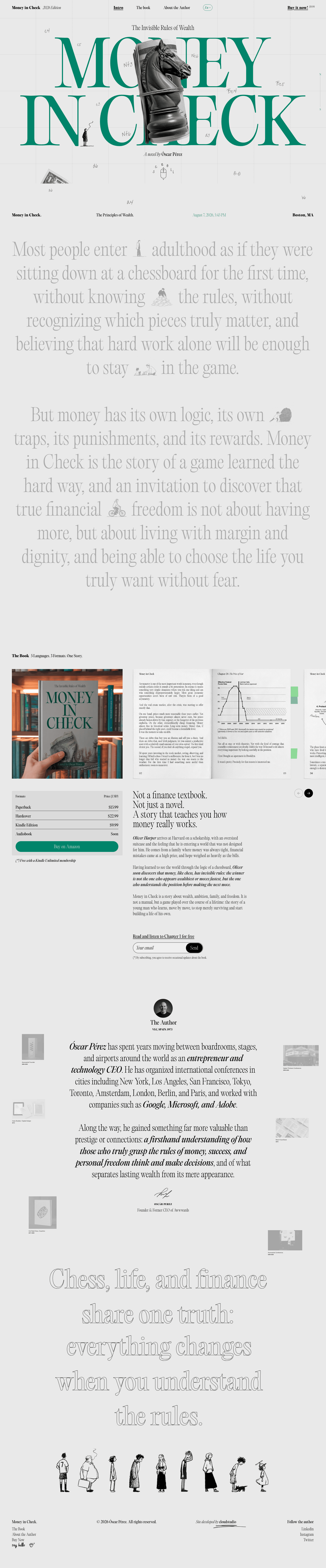 Money in Check Landing Page Example: Not a finance textbook. Not just a novel. A story that teaches you how money really works. Money in Check, a novel by Óscar Pérez.