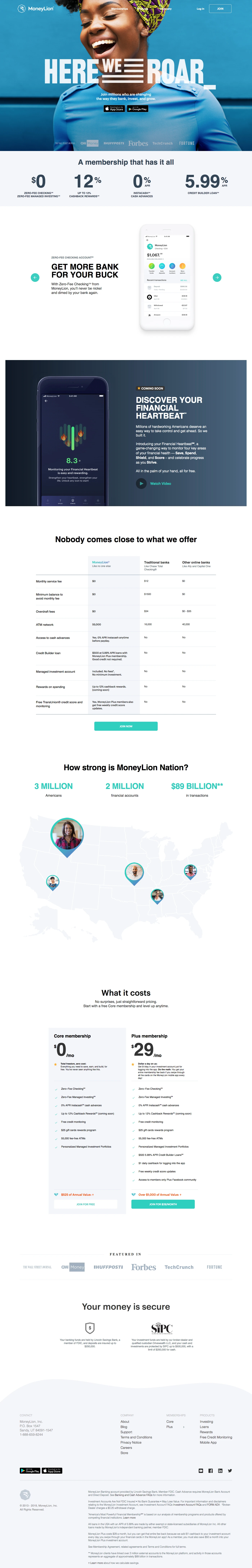 MoneyLion Landing Page Example: Our personal loans and easy-to-use tools help you borrow for less while saving more, improve your financial health, and monitor your credit all in one place.