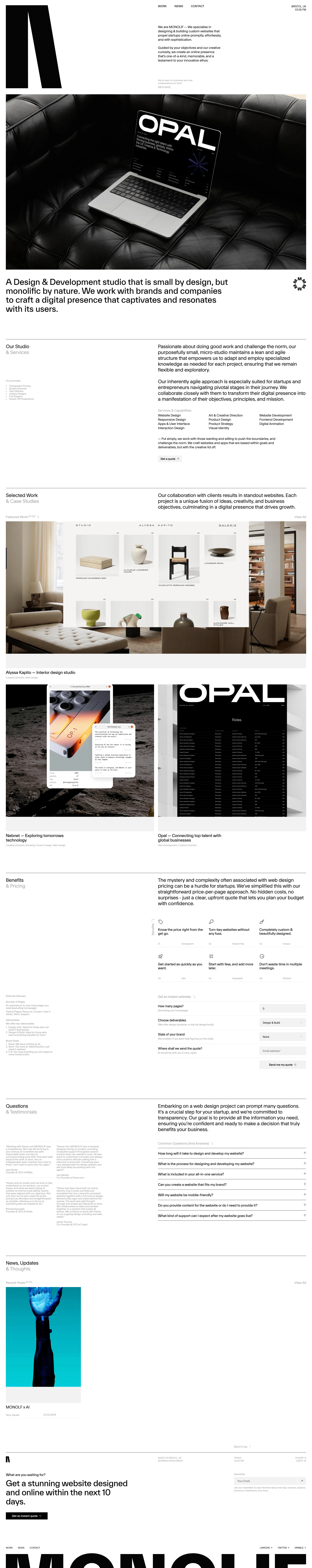 MONOLIF Landing Page Example: We are MONOLIF — We specialise in designing & building custom websites that propel startups online promptly, effortlessly, and with sophistication. Guided by your objectives and our creative curiosity, we create an online presence that's one-of-a-kind, memorable, and a testament to your innovative ethos.