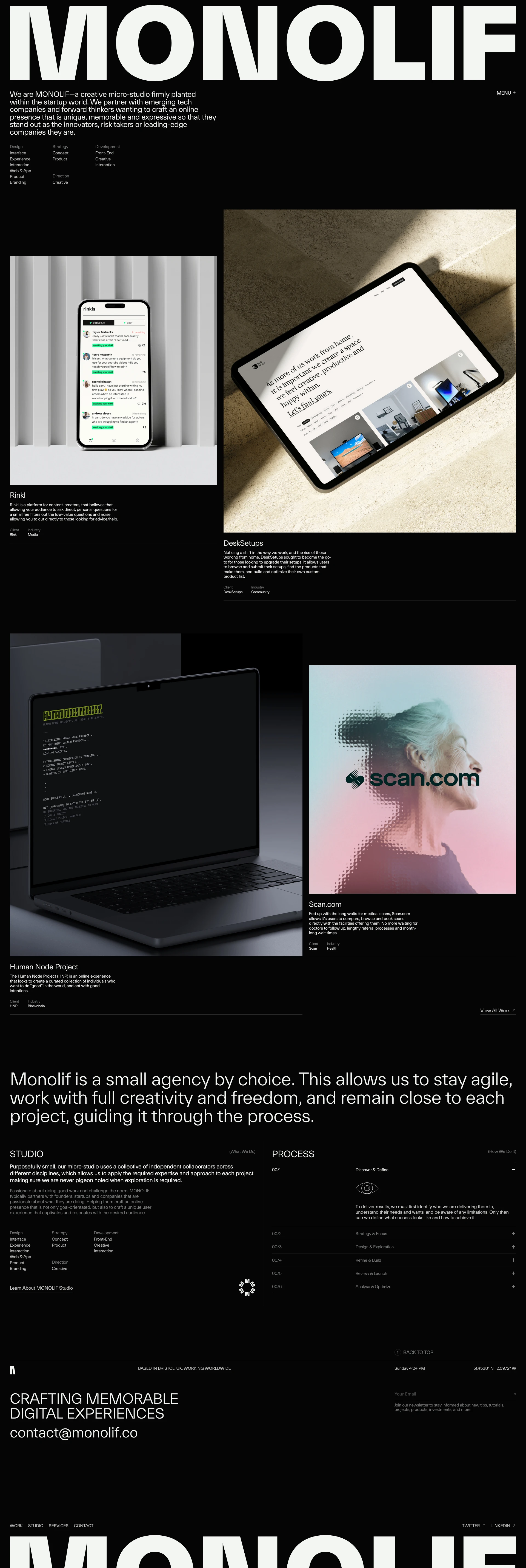 MONOLIF Landing Page Example: Monolif is a small agency by choice.We like to connect personally with all our clients, understand their position and care about the success of their company.