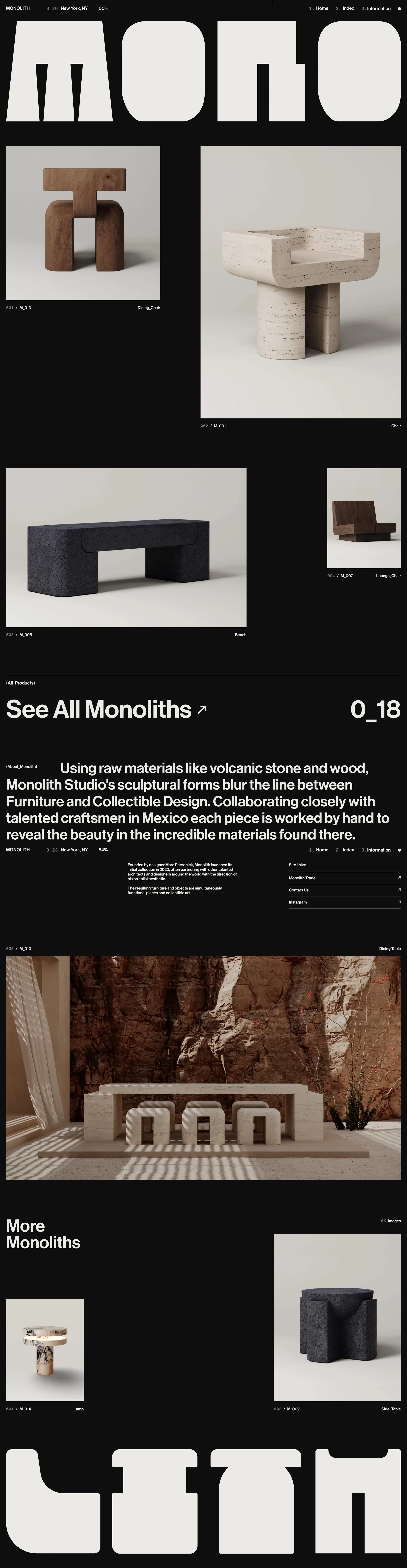 Monolith Landing Page Example: Monolith Studio's sculptural forms blur the line between Furniture and Collectible Design. Works range from dining and coffee tables to chairs and lighting.