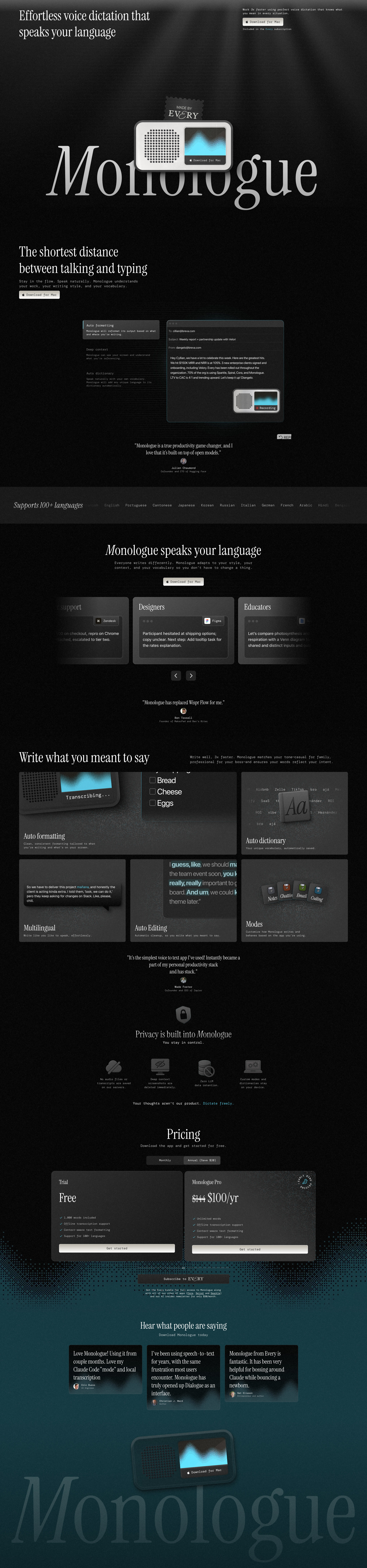 Monologue Landing Page Example: Write 3x faster with Al voice dictation that gets your intent right. Say it once, see it written as you meant.
