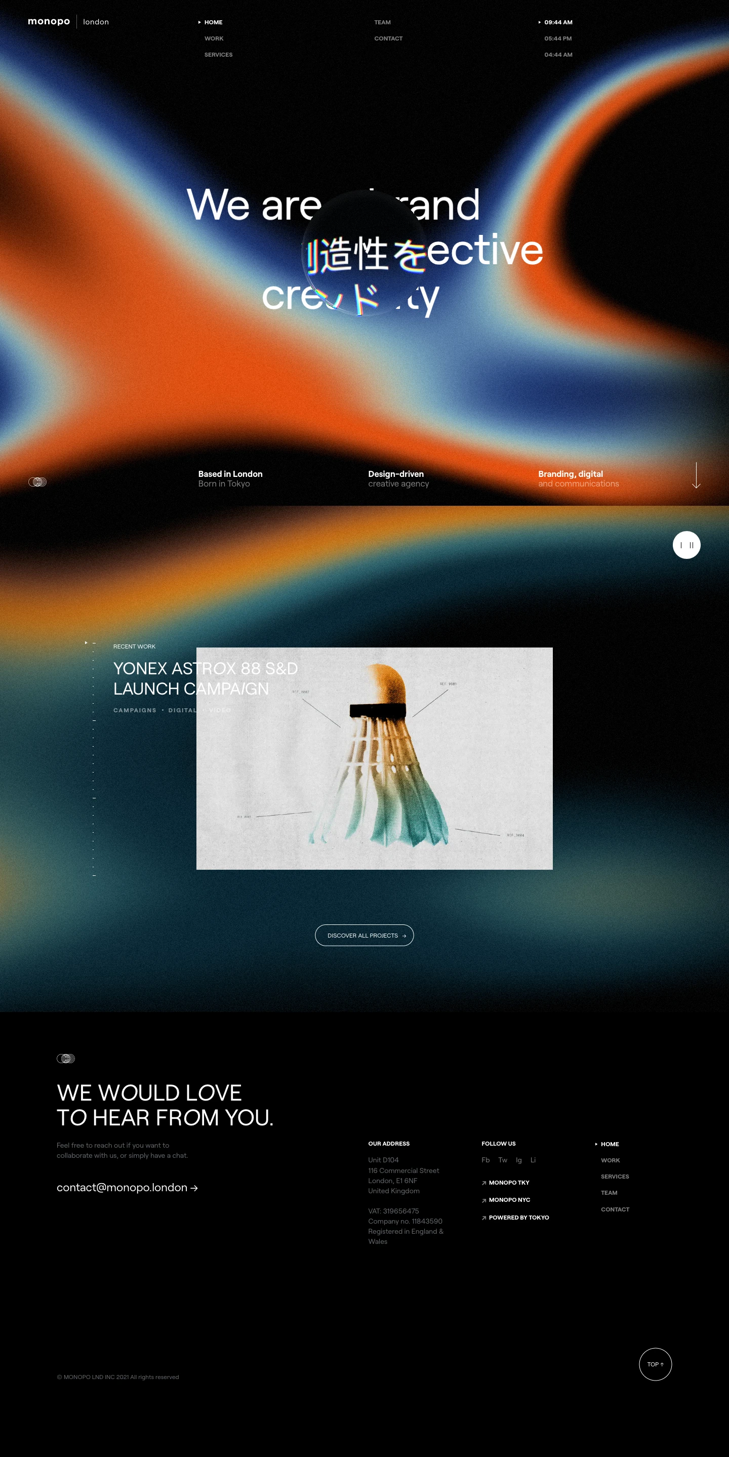 monopo london Landing Page Example: We are a Tokyo-born design-driven creative agency working accross branding, digital design and communications.
