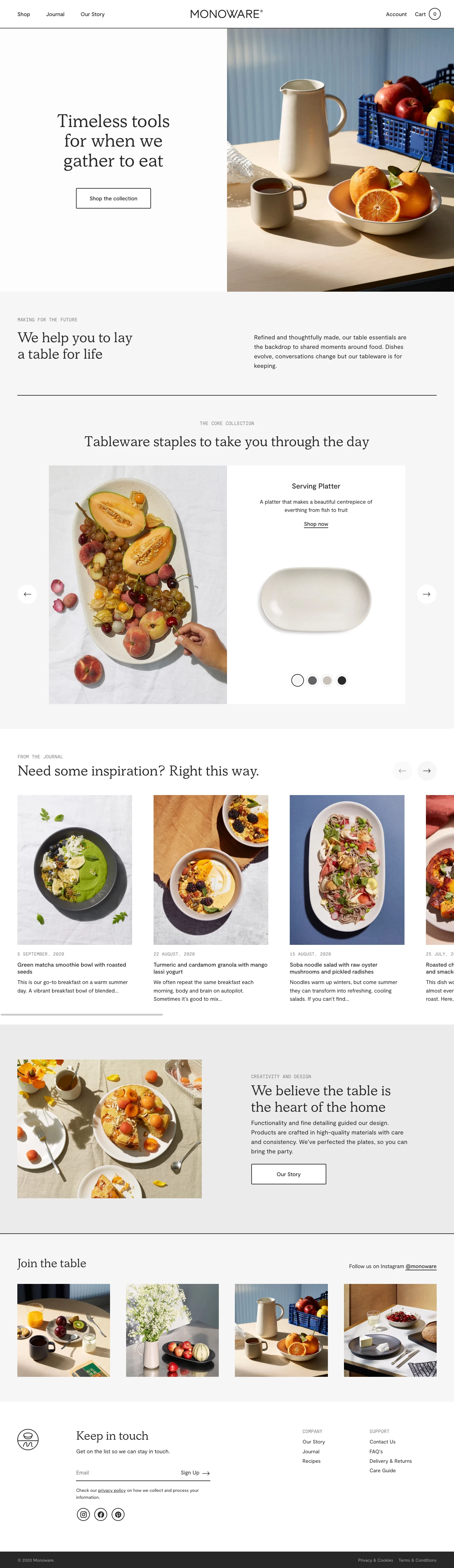 Monoware Landing Page Example: Monoware is a British lifestyle brand. We design timeless tableware essentials which are meticulously crafted and designed to have a place in the everyday. From the perfect grain bowls and dinner plates to our elegant serving platters and pitchers. We call it a table set for life.