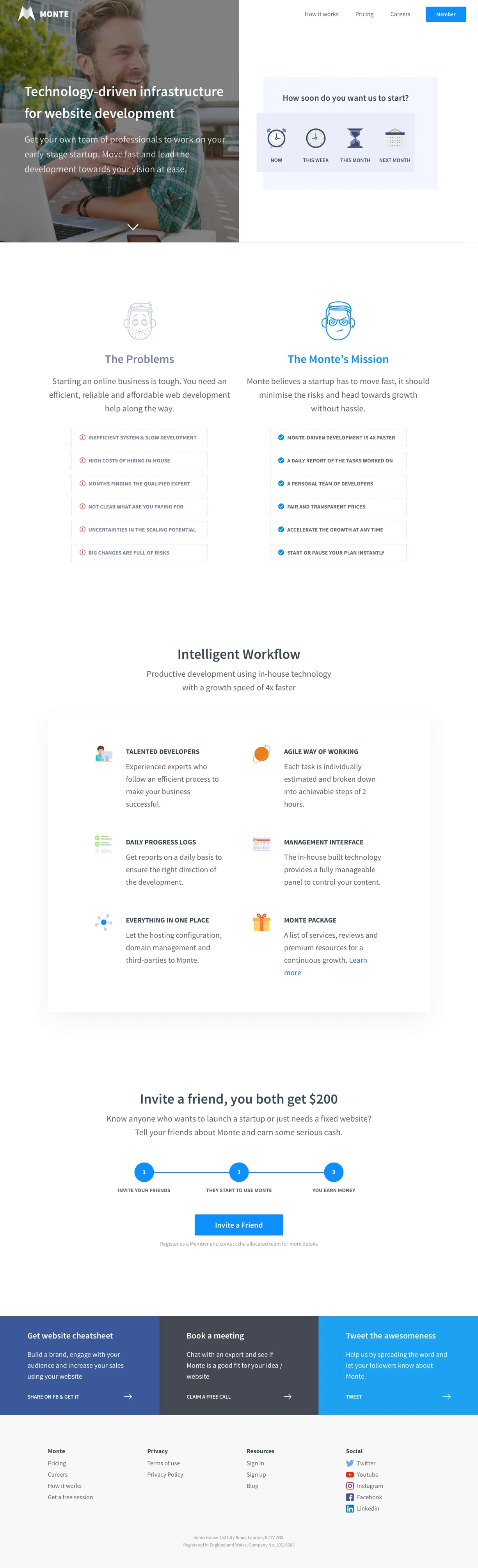 Monte Landing Page Example: Get your own team of professionals to work on your early-stage startup. Move fast and lead the development towards your vision at ease.