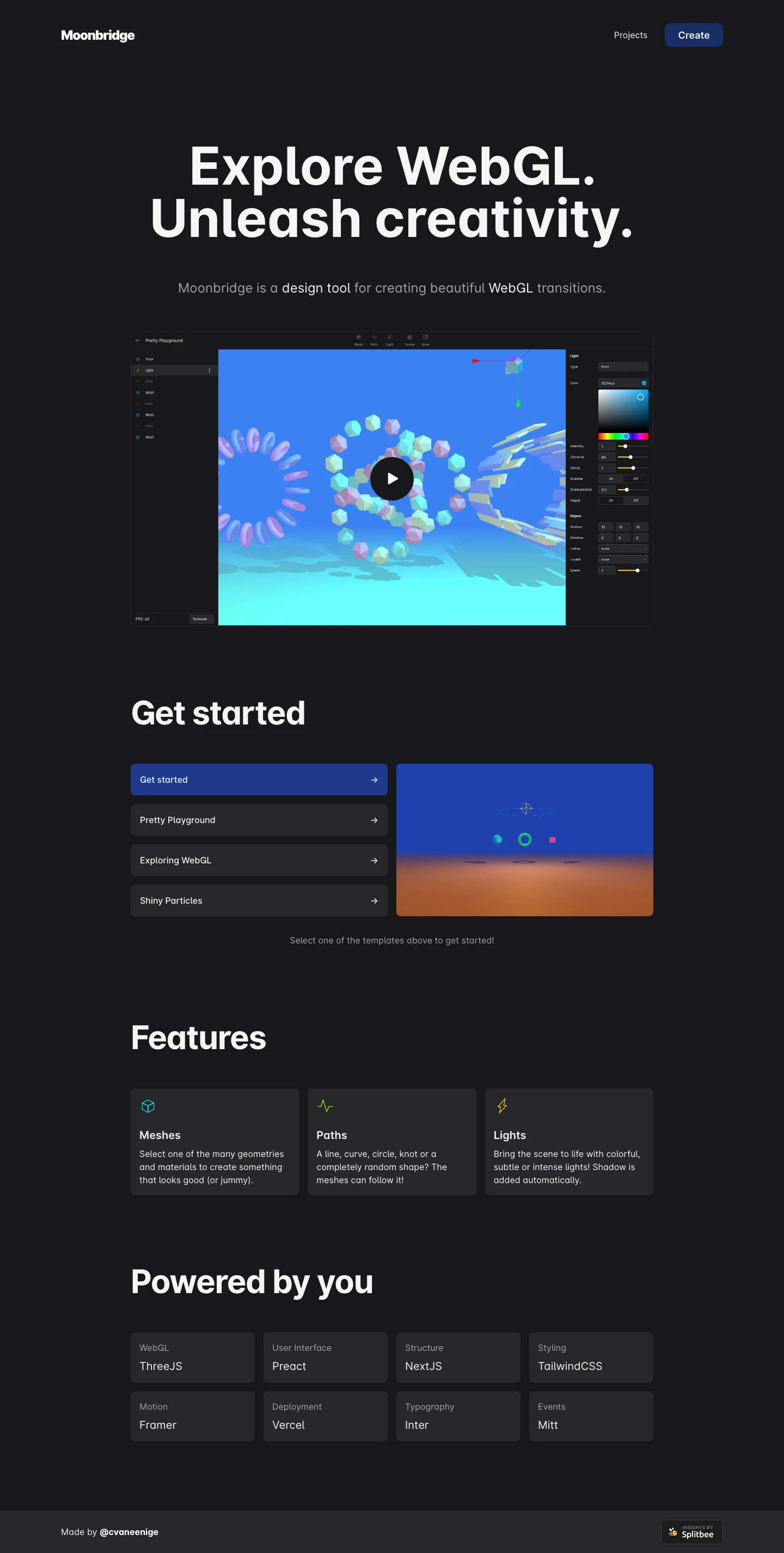Moonbridge Landing Page Example: Moonbridge is a design tool for creating beautiful WebGL transitions.
