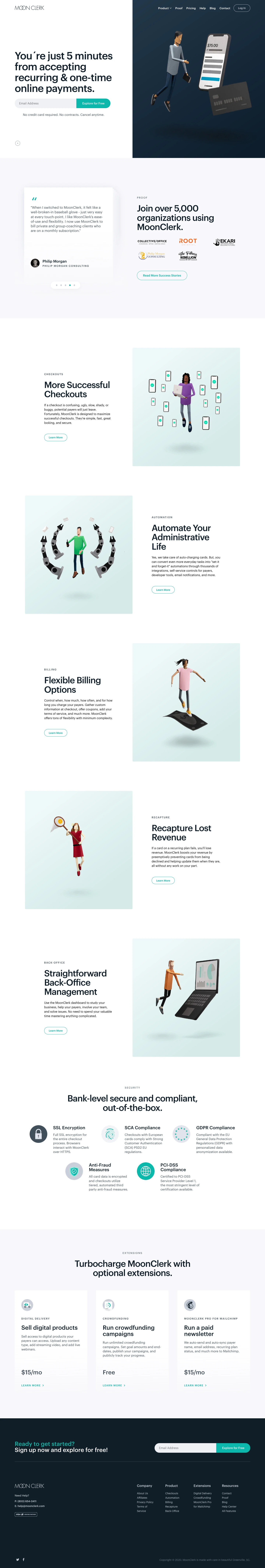 MoonClerk Landing Page Example: You´re just 5 minutes from accepting recurring & one-time online payments.