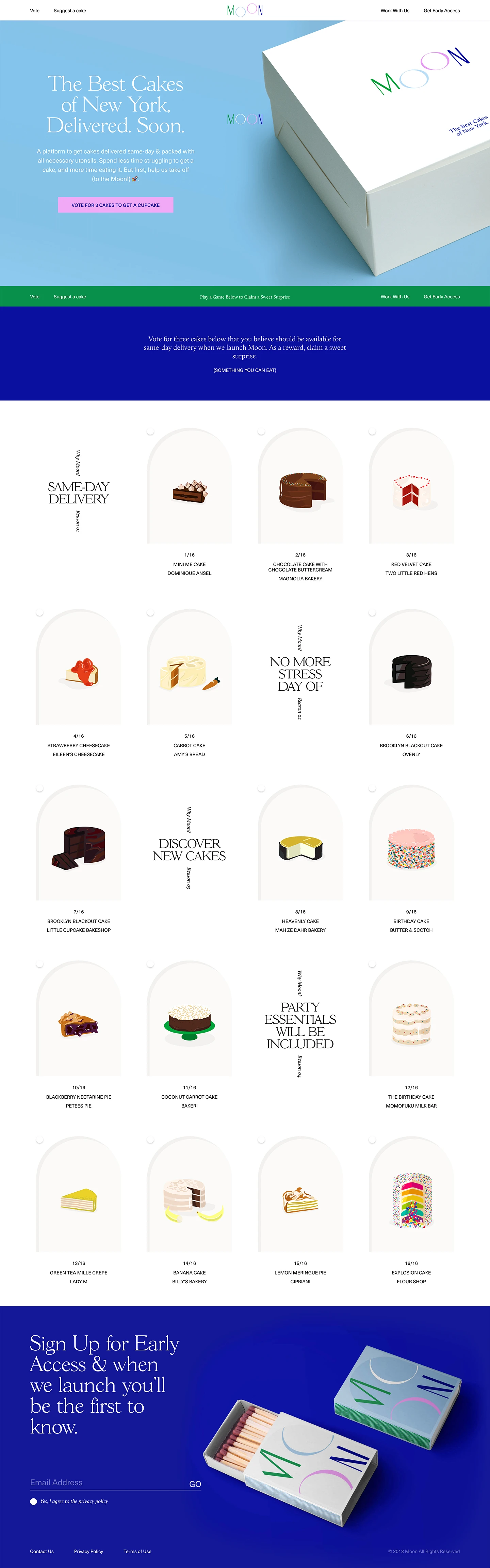 Moon Landing Page Example: New York's best cakes, delivered same-day and packed with all necessary utensils.