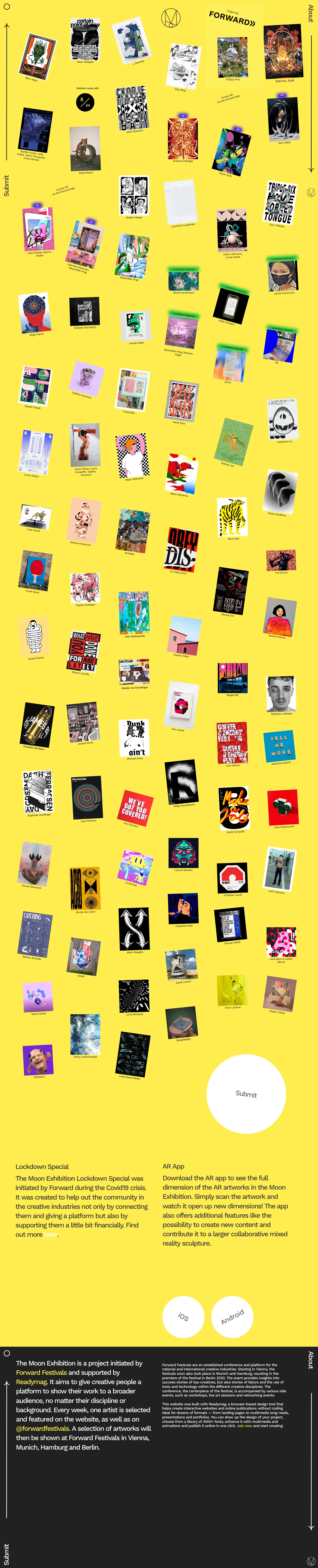 The Moon Exhibition Landing Page Example: A project initiated by Forward Festivals and supported by Readymag, aiming to give creative people a platform to show their work to a broader audience, no matter their discipline or background.
