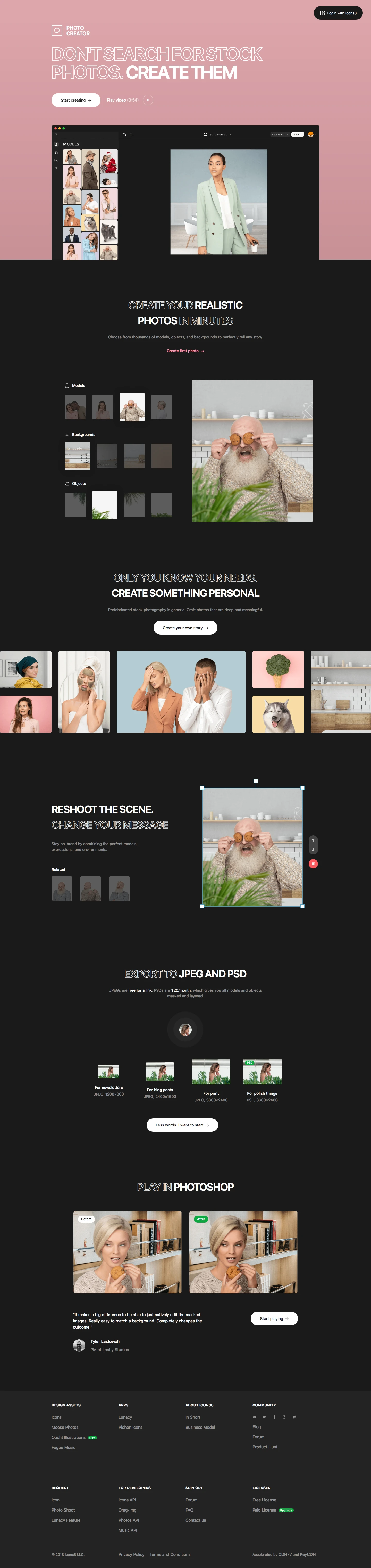 Moose - Photo Creator Landing Page Example: Don't search for stock photos. Create them! Create your realistic photos in minutes. Choose from thousands of models, objects, and backgrounds to perfectly tell any story