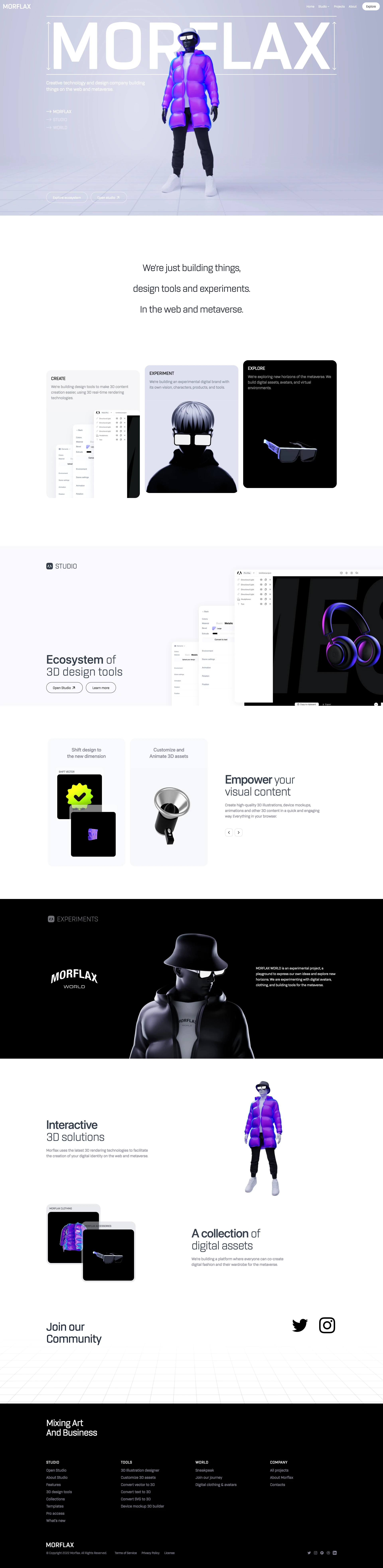 Morflax Landing Page Example: Morflax is a creative technology company on the web and metaverse. Building 3D design tools, interactive experiences and experiments.