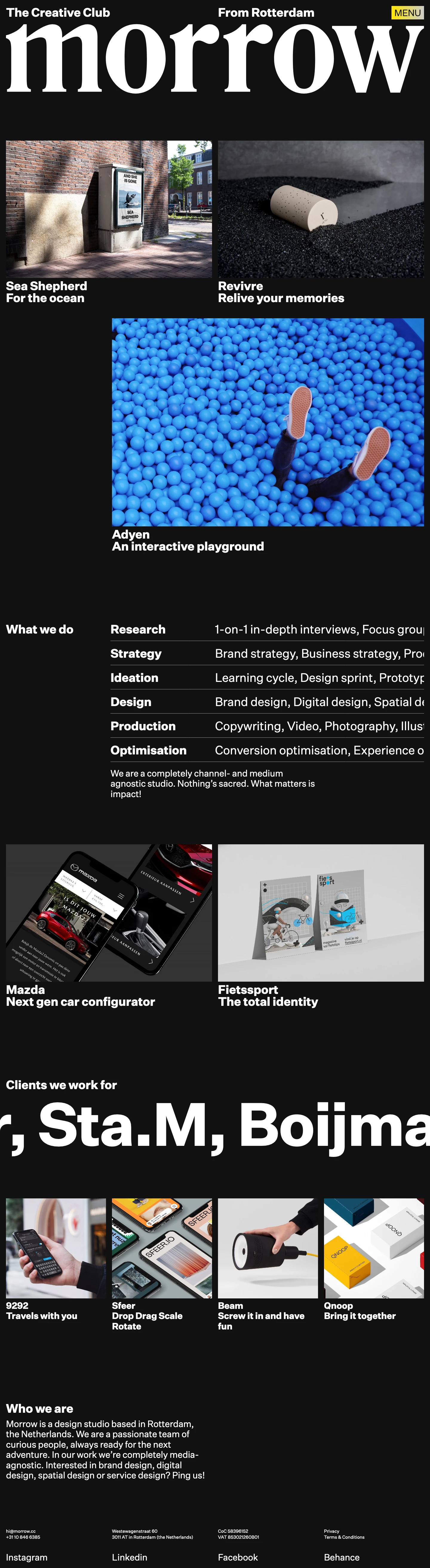 Morrow Landing Page Example: We're the creative club of storytellers, artists, explorers and makers on a mission for real impact. Brand, digital, spatial and service design.