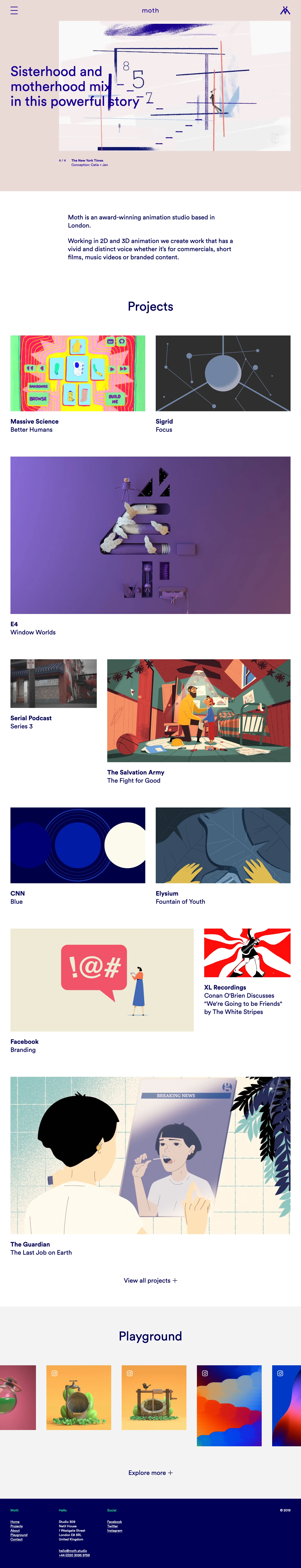 Moth Studio Landing Page Example: Moth is an award-winning animation studio based in London. Working in 2D and 3D animation we create work that has a vivid and distinct voice whether it’s for commercials, short films, music videos or branded content.