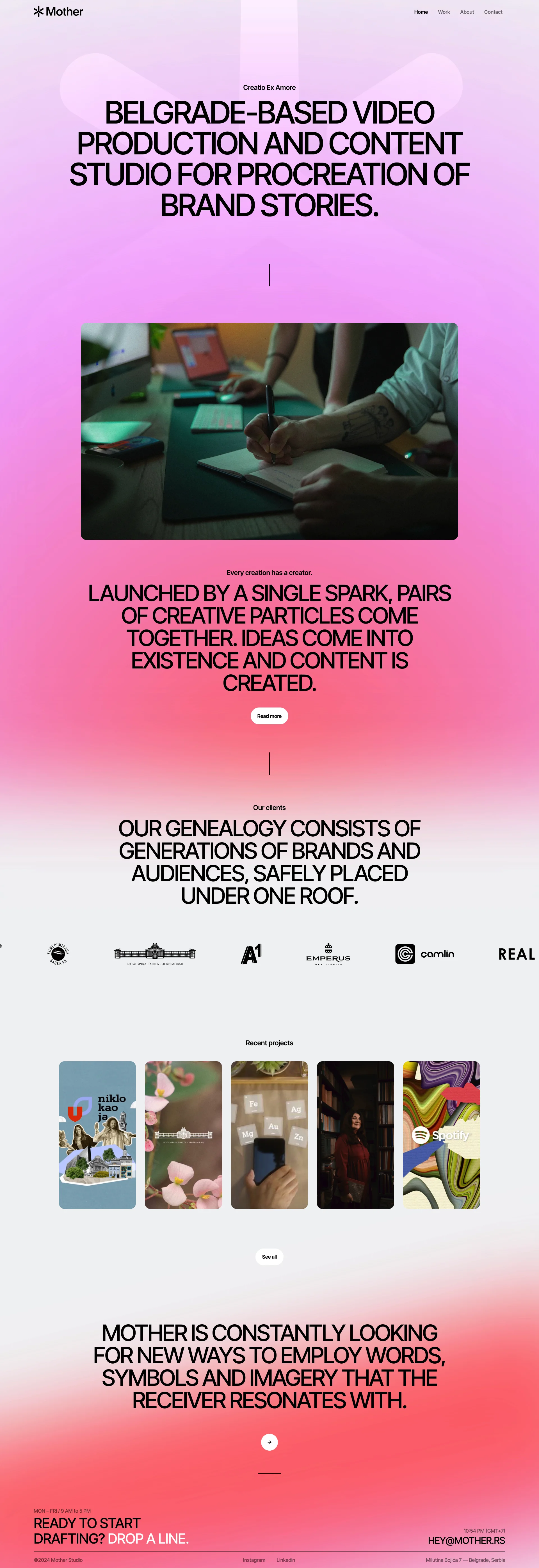 Mother Studio Landing Page Example: Belgrade-based video production and content studio for procreation of brand stories.