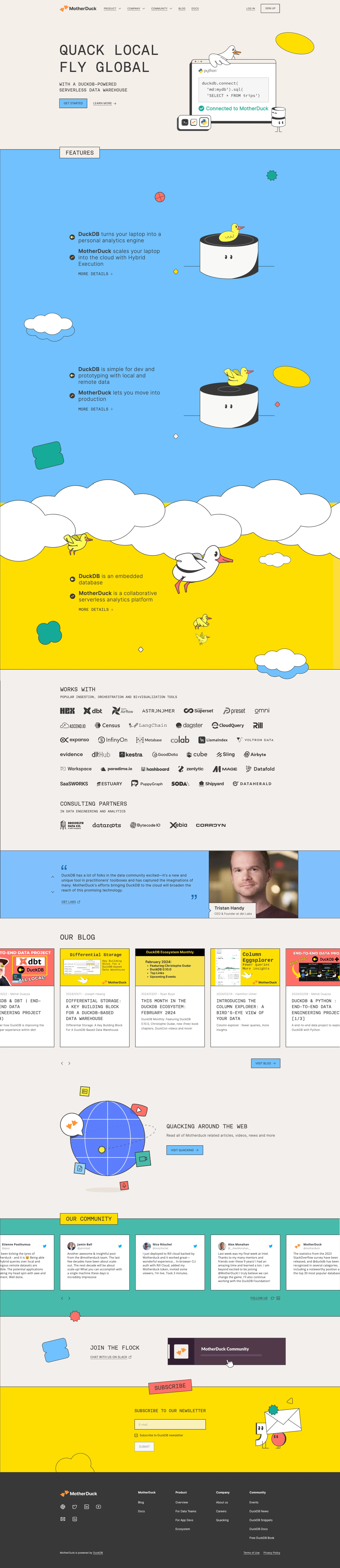 MotherDuck Landing Page Example: Serverless Data Analytics with DuckDB. Making analytics ducking awesome with DuckDB. Start using DuckDB in the cloud for free today.