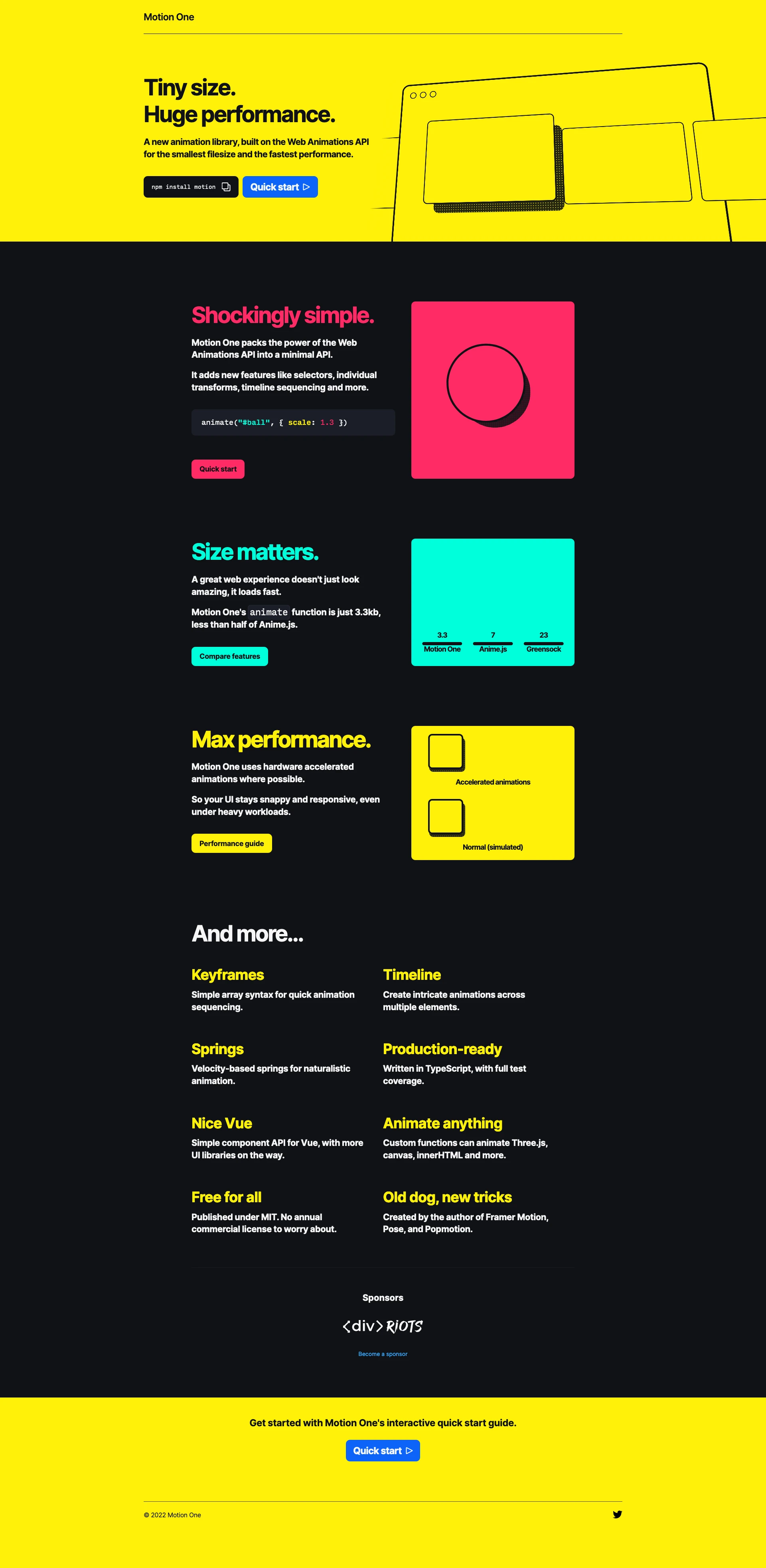 Motion One Landing Page Example: A new animation library, built on the Web Animations API for the smallest filesize and the fastest performance.