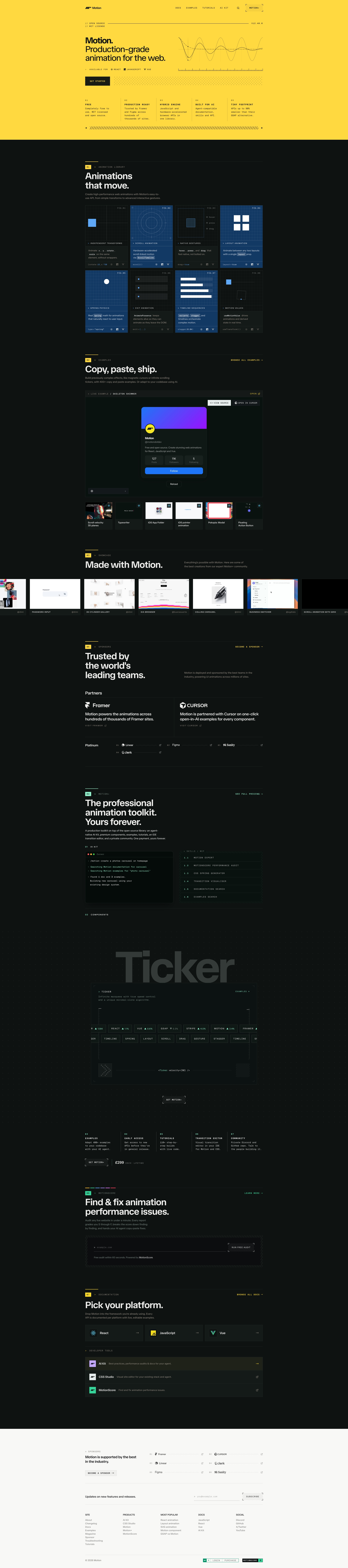 Motion Landing Page Example: Motion (prev Framer Motion) is a fast, production-grade animation library for React, JavaScript and Vue. Build smooth UI animations at a tiny footprint.