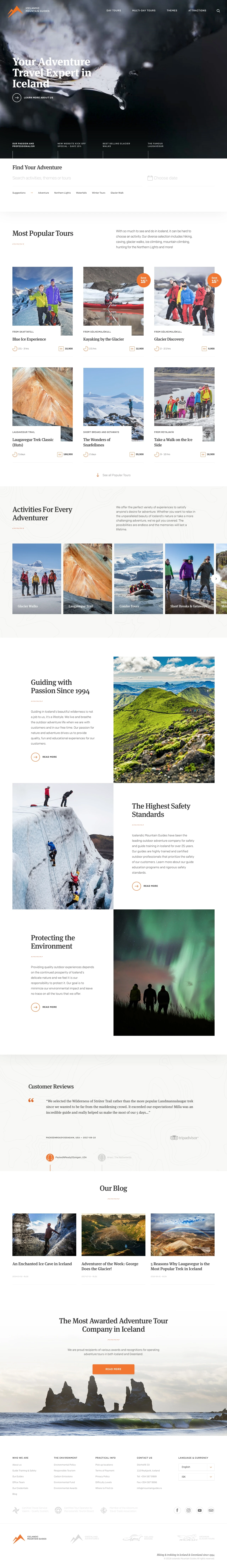 Icelandic Mountain Guides Landing Page Example: Selection of Day Tours and Multi-Day Tours. Adventure Tours with Icelandic Mountain Guides. Hiking, Trekking, Ice Caves & Glacier Walks.