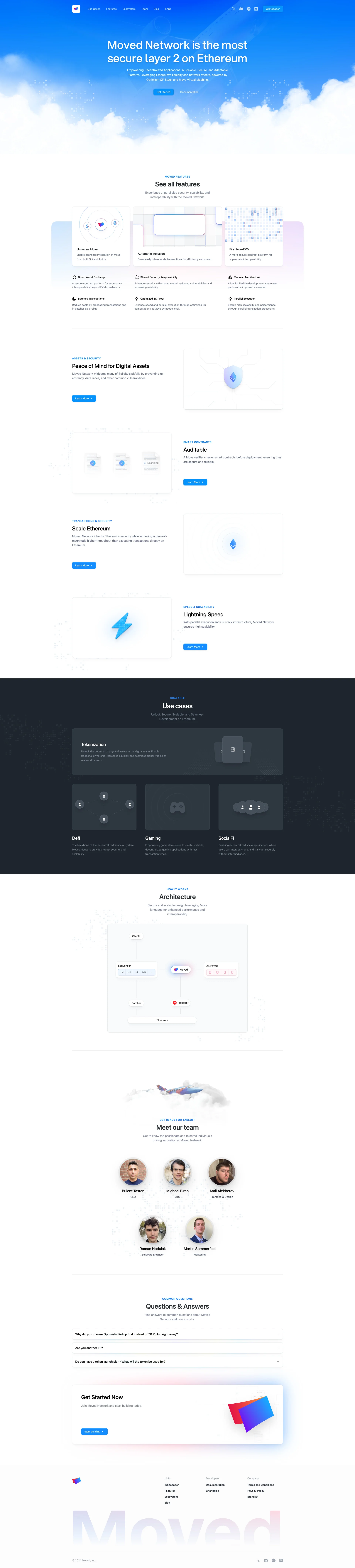 Moved Network Landing Page Example: The Most Secure Layer-2 Blockchain on Ethereum. Empowering Decentralized Applications: A Scalable, Secure, and Adaptable Platform. Leveraging Ethereum's liquidity and network effects, powered by Optimism OP Stack and Move Virtual Machine.