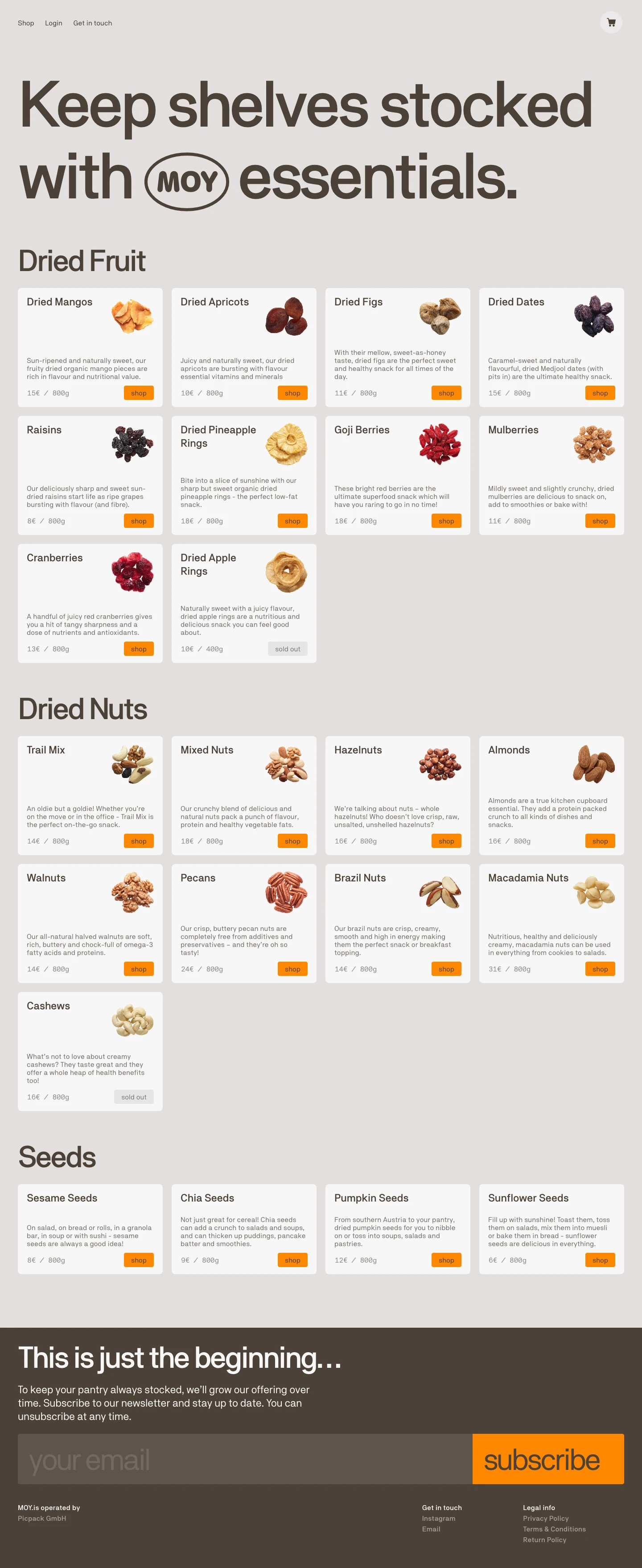 MOY Landing Page Example: Premium products at a fair price: We strive to provide the highest quality products with proof of origin from organically certified partners. Our goal is to minimise our ecological footprint. We use carbon-neutral packaging and shipping.