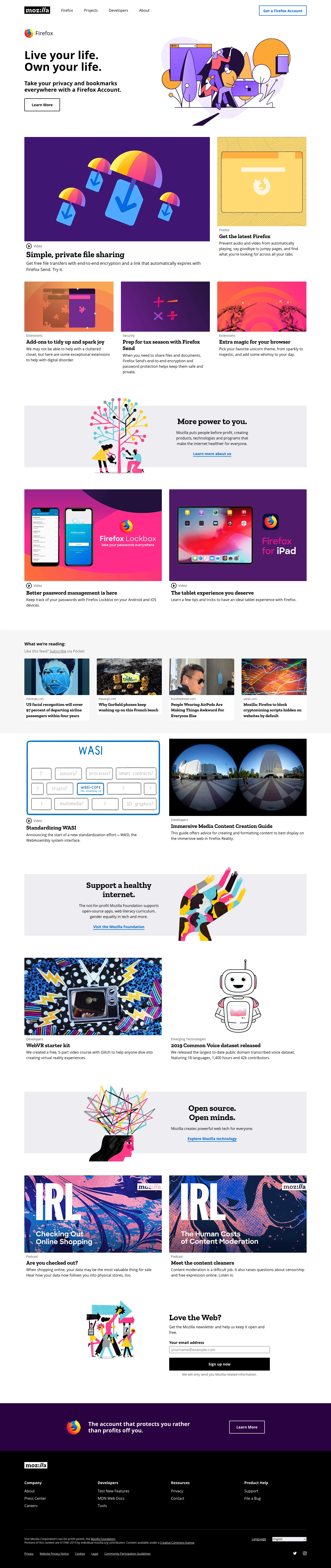 Mozilla Landing Page Example: Mozilla is the not-for-profit behind the lightning fast Firefox browser. We put people over profit to give everyone more power online.