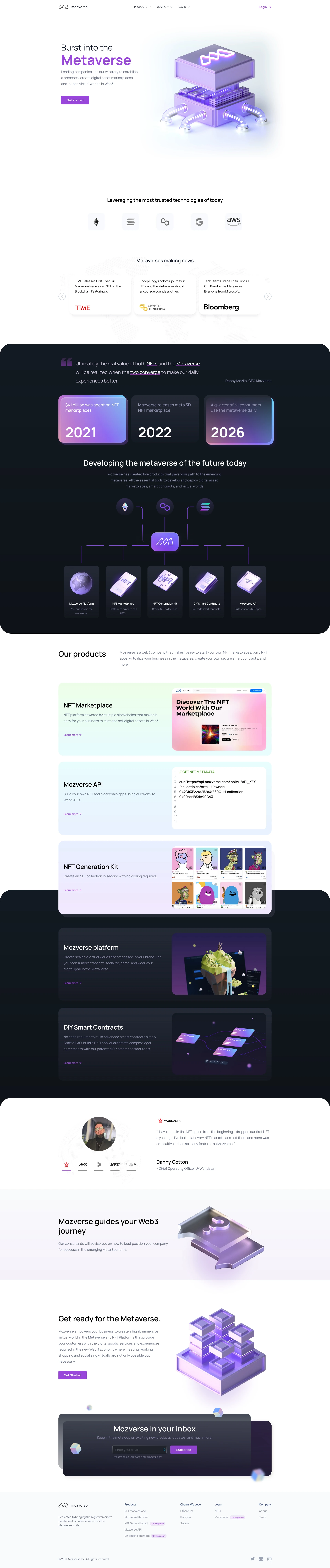 Mozverse Landing Page Example: Burst into the Metaverse. Leading companies use our wizardry to establish a presence, create digital asset marketplaces, and launch virtual worlds in Web3.