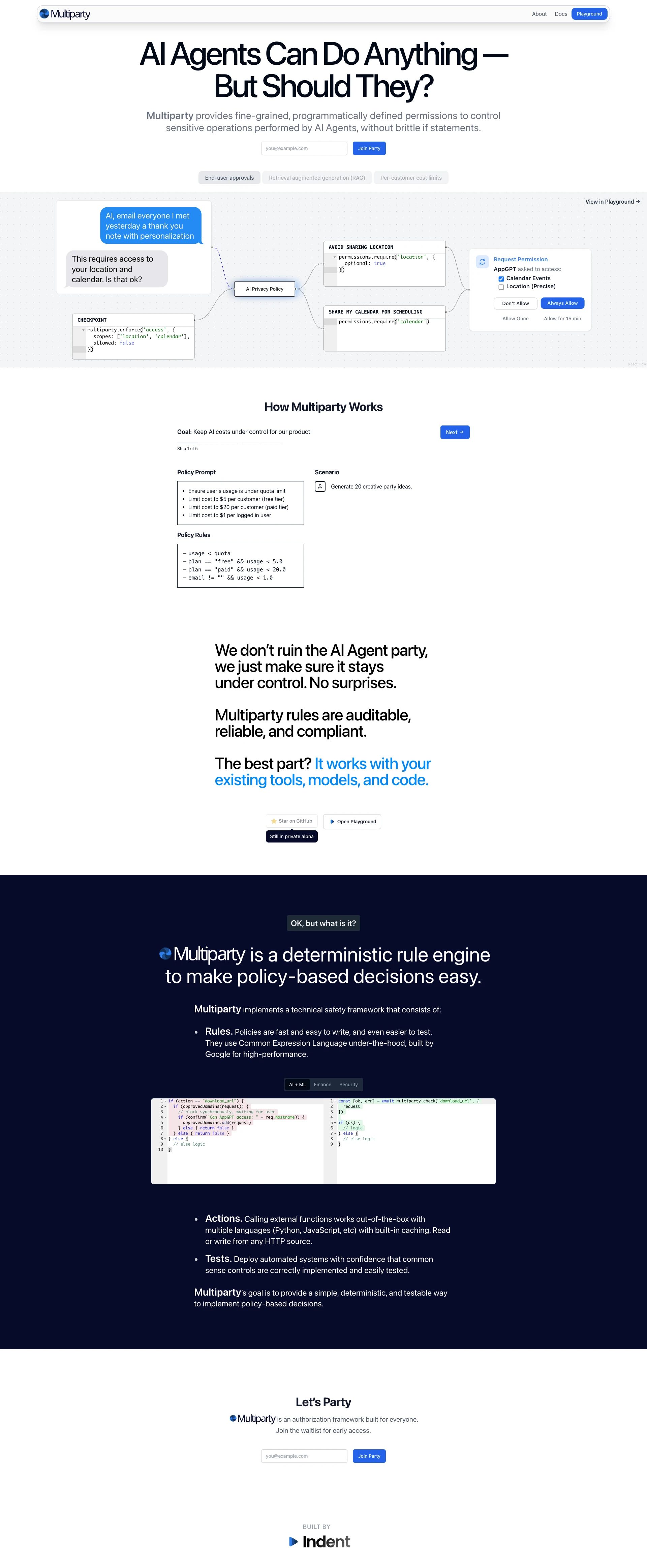 Multiparty Landing Page Example: Multiparty is a fast, easy, and reliable way to build applications that require policy for sensitive actions.