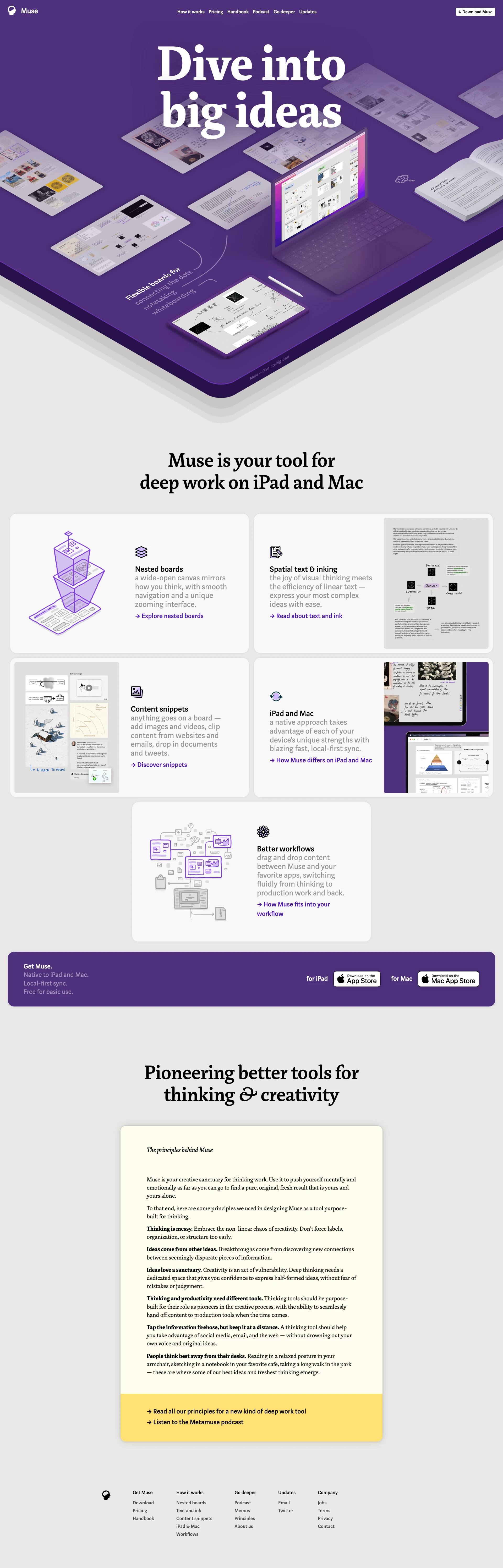 Muse Landing Page Example: Dive into big ideas. Flexible boards for notetaking, whiteboarding, and connecting the dots. Your tool for deep work, now on iPad and Mac.