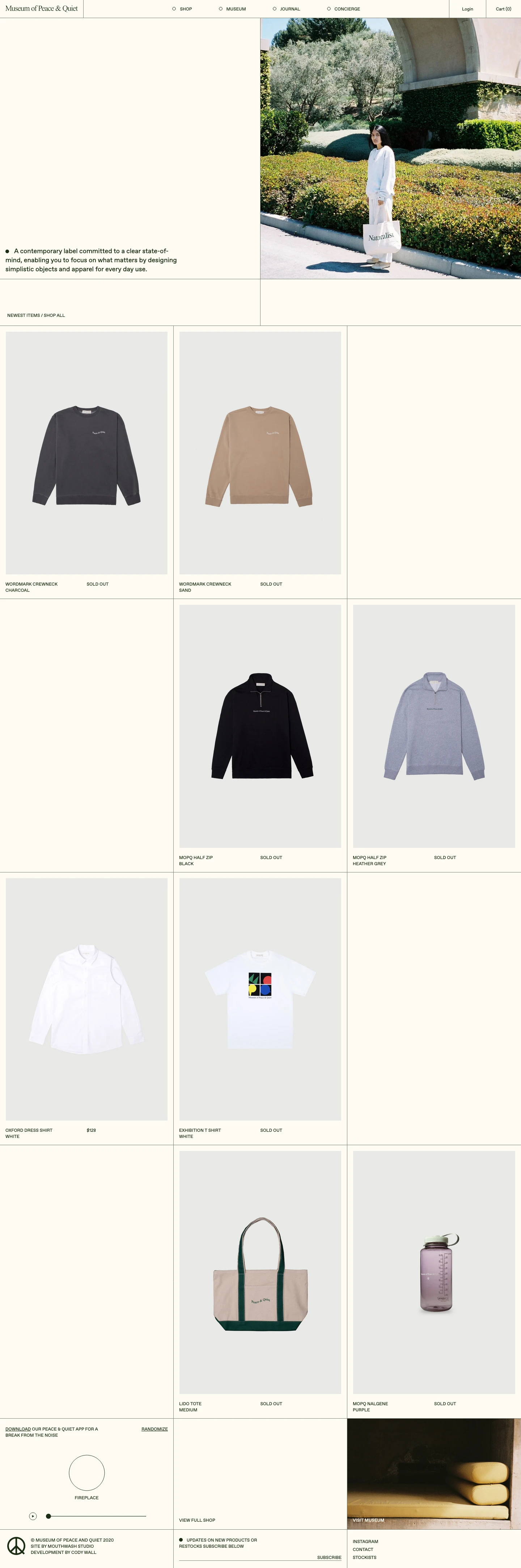 Museum of Peace & Quiet Landing Page Example: A contemporary label committed to a clear state-of-mind, enabling you to focus on what matters by designing simplistic objects and apparel for every day use.