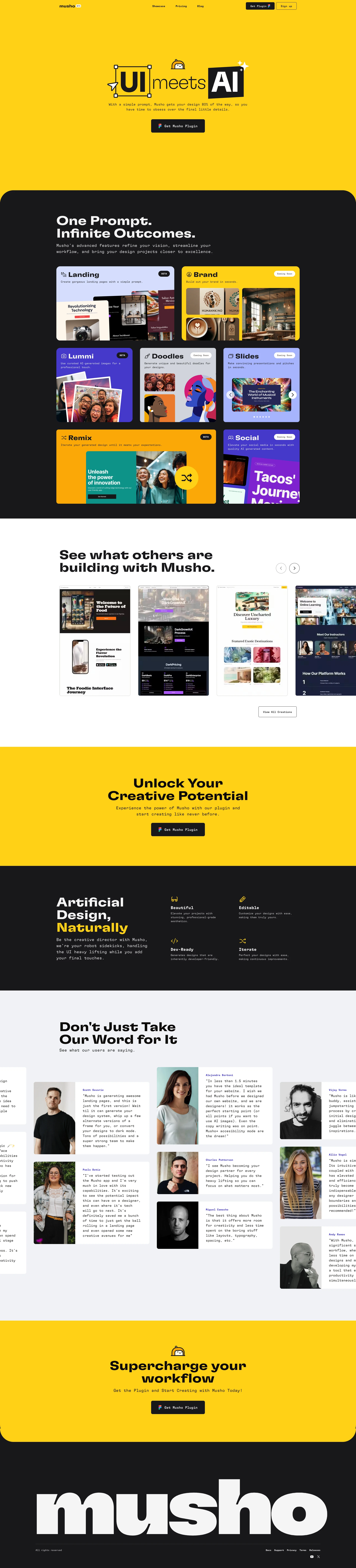 Musho.ai Landing Page Example: Musho turns your prompts into nearly-complete, dev-ready websites with simple layouts, great copy, and gorgeous images.
