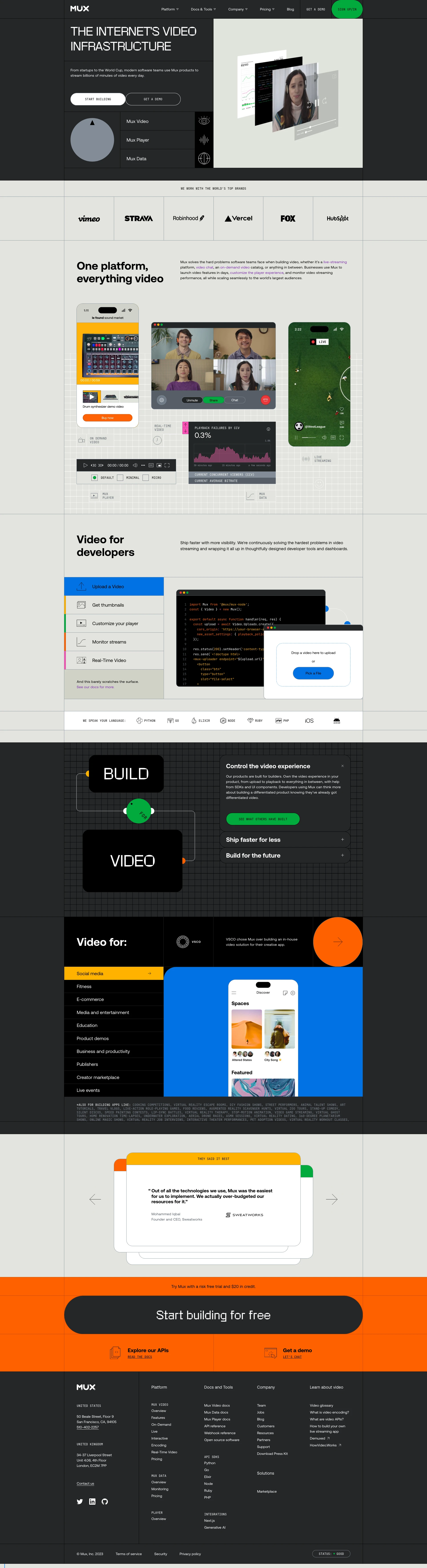Mux Landing Page Example: The Internet's video infrastructure. From startups to the World Cup, modern software teams use Mux products to stream billions of minutes of video every day.