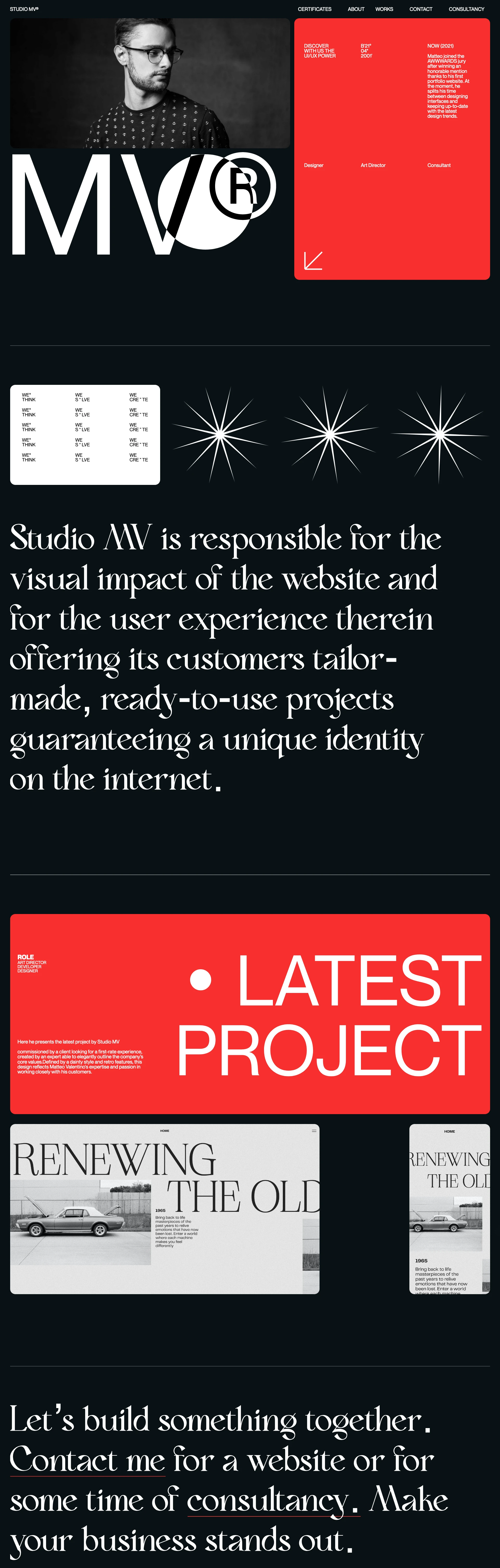 Studio MV Landing Page Example: Studio MV is responsible for the visual impact of the website and for the user experience therein offering its customers tailor-made, ready-to-use projects guaranteeing a unique identity on the internet.