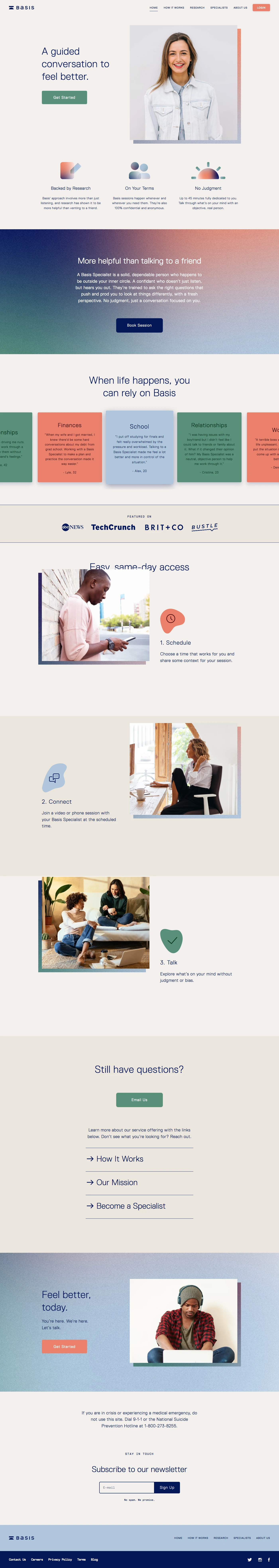Basis Landing Page Example: A new model for mental health. A guided conversation to feel better.