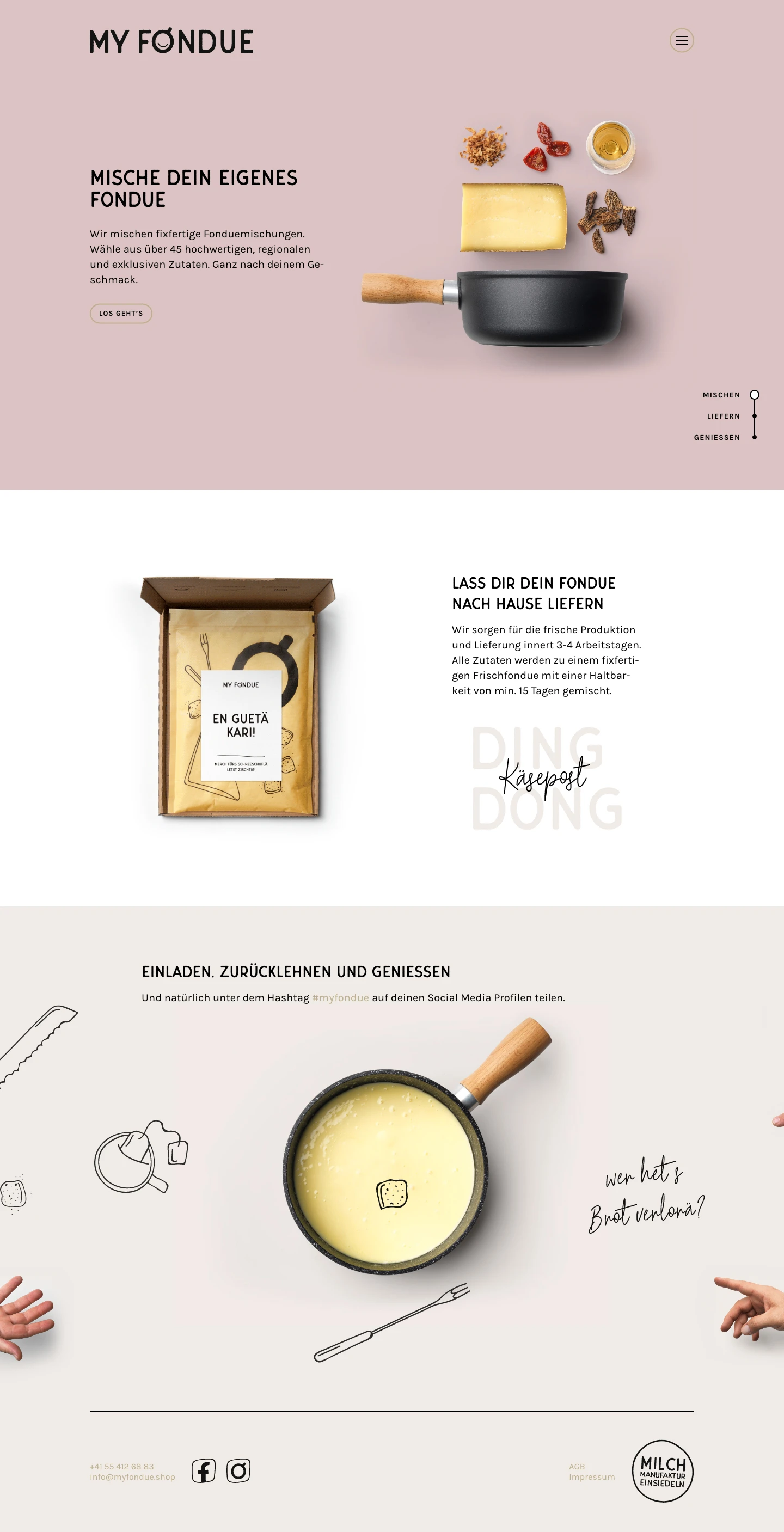 MYFONDUE Landing Page Example: We mix ready-made fondue mixes. Choose from over 45 high-quality, regional and exclusive ingredients. According to your taste.