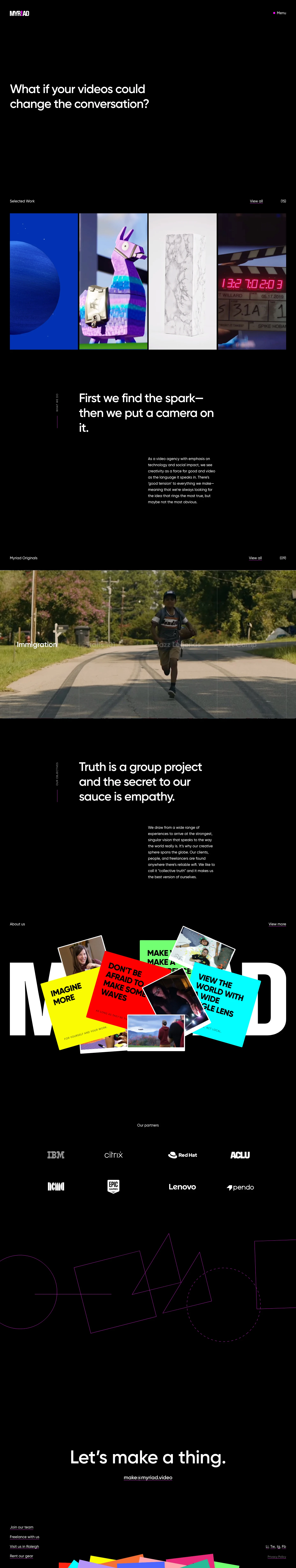 Myriad Landing Page Example: Creative agency based in Raleigh, NC specializing in video production and strategy.