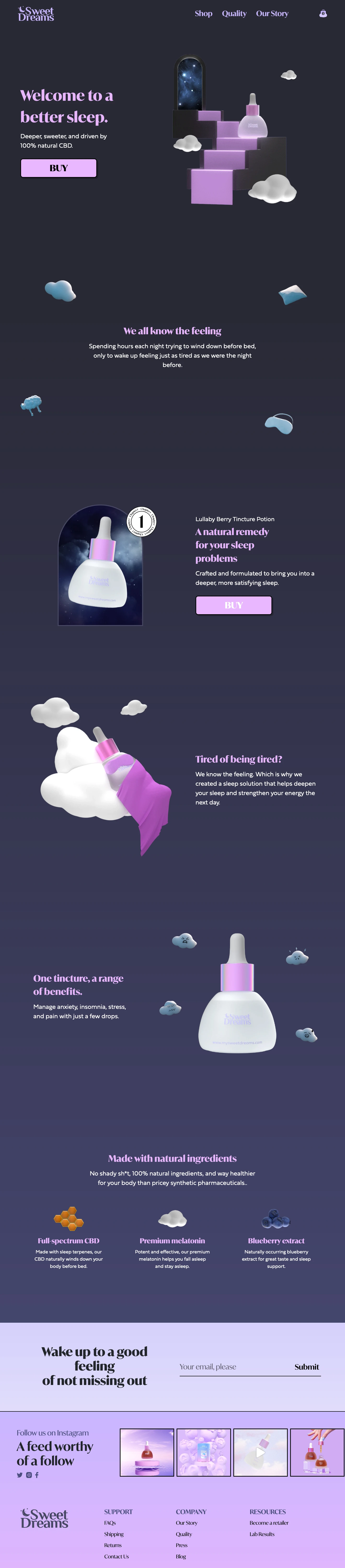 Sweet Dreams Landing Page Example: Get ready to set sail to dreamland. Sleep is important, in fact, it’s essential. That’s why we created Sweet Dreams.